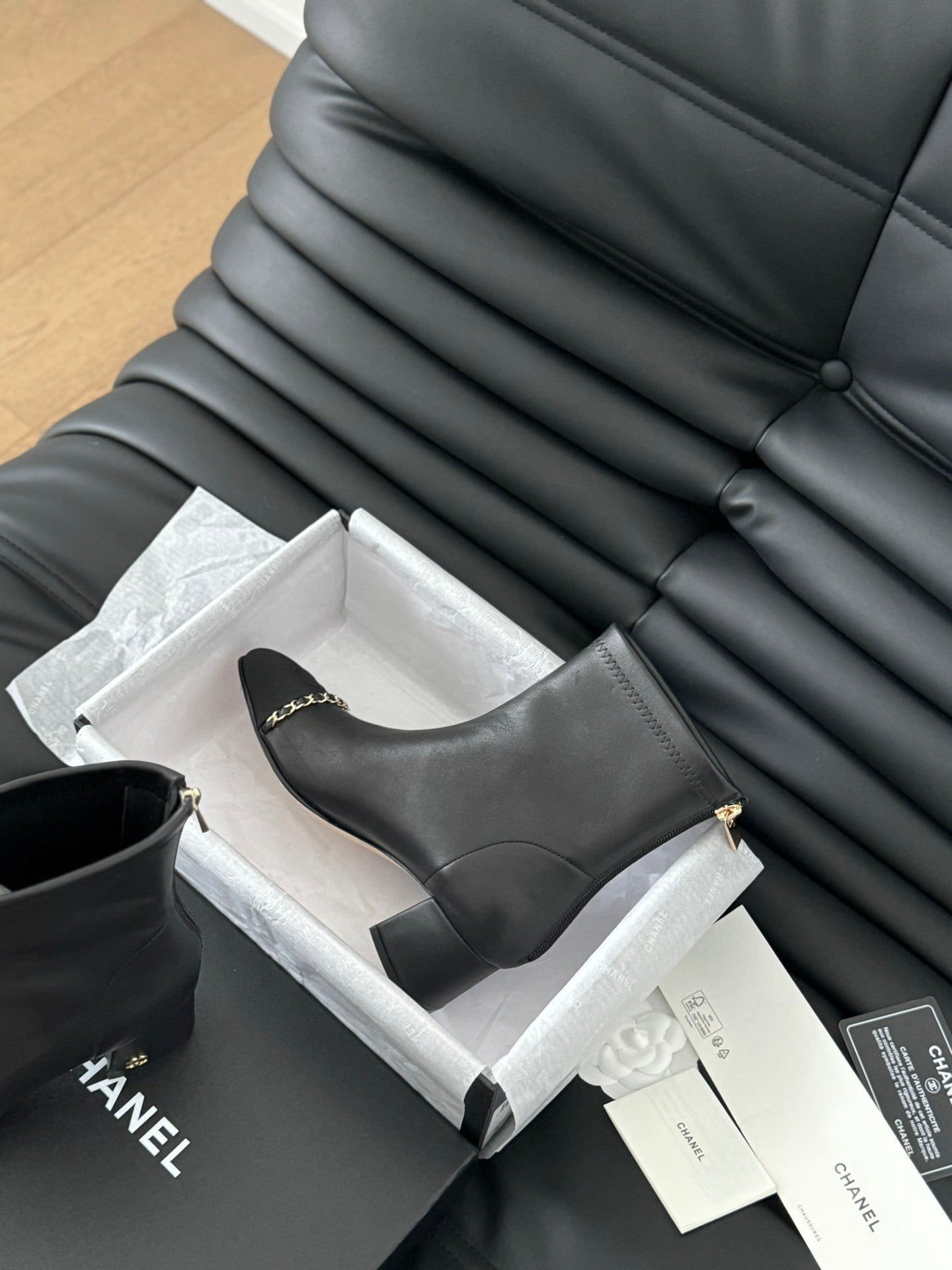 CHANEL Ankle Boot Black Calfskin Grosgrain Leather Strap