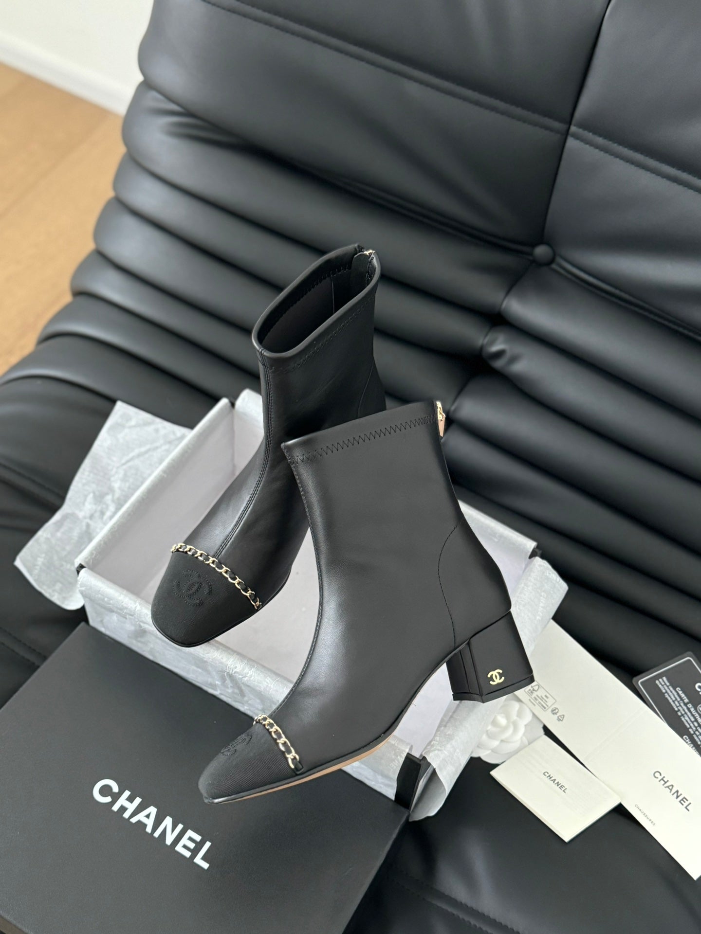 CHANEL Ankle Boot Black Calfskin Grosgrain Leather Strap