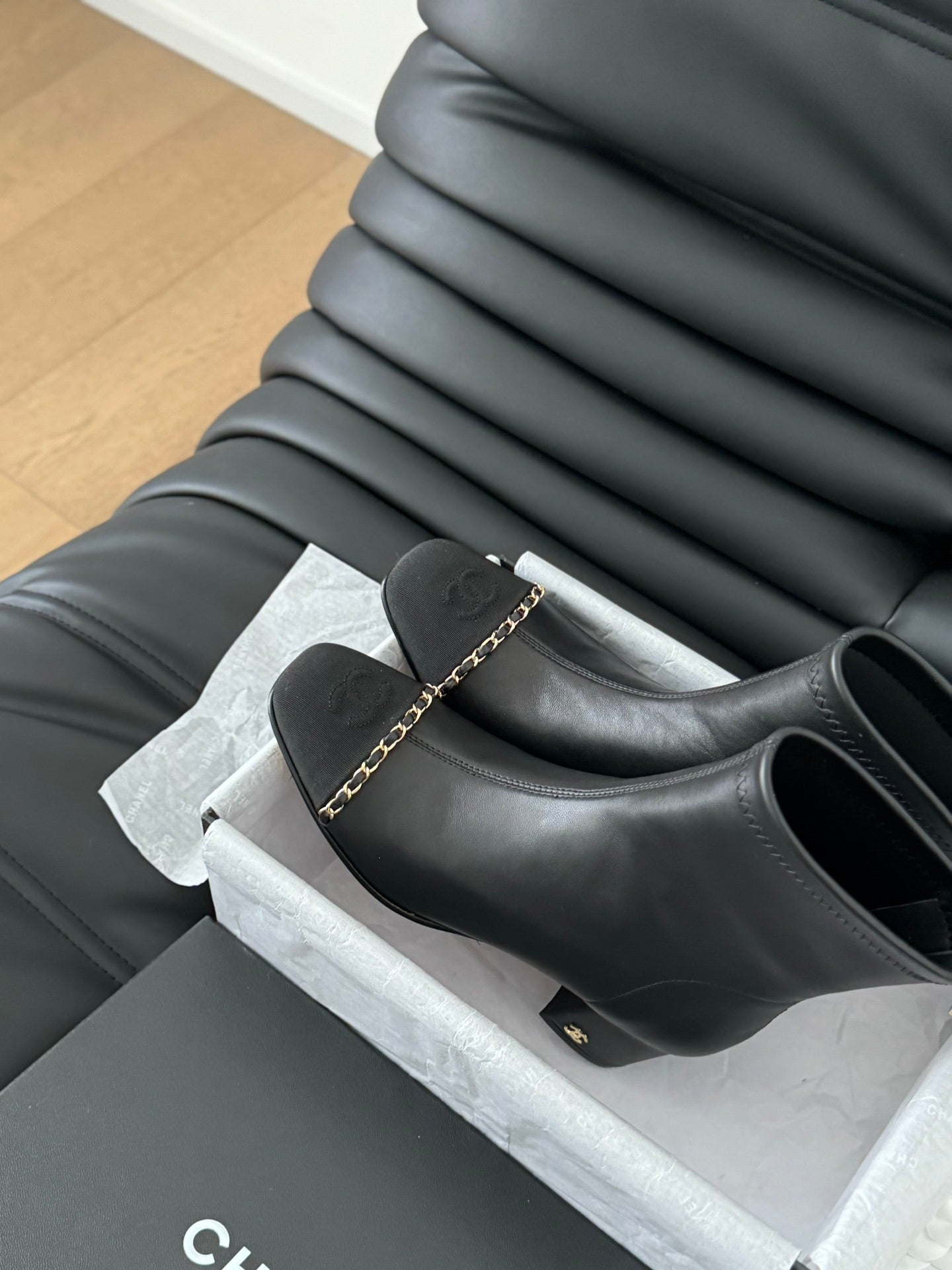 CHANEL Ankle Boot Black Calfskin Grosgrain Leather Strap