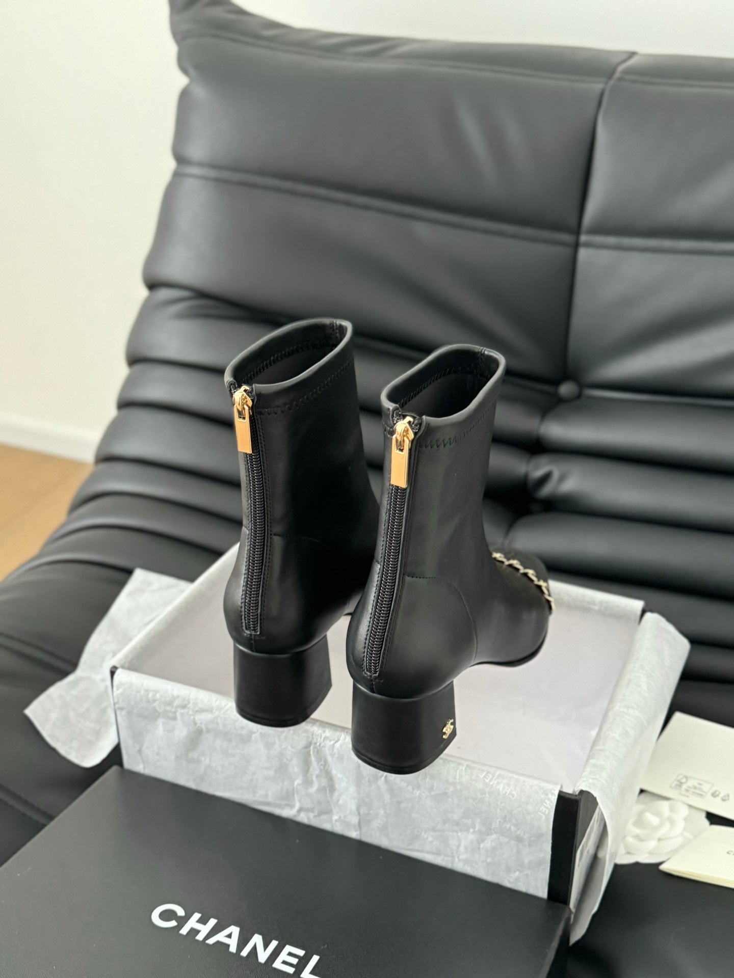 CHANEL Ankle Boot Black Calfskin Grosgrain Leather Strap