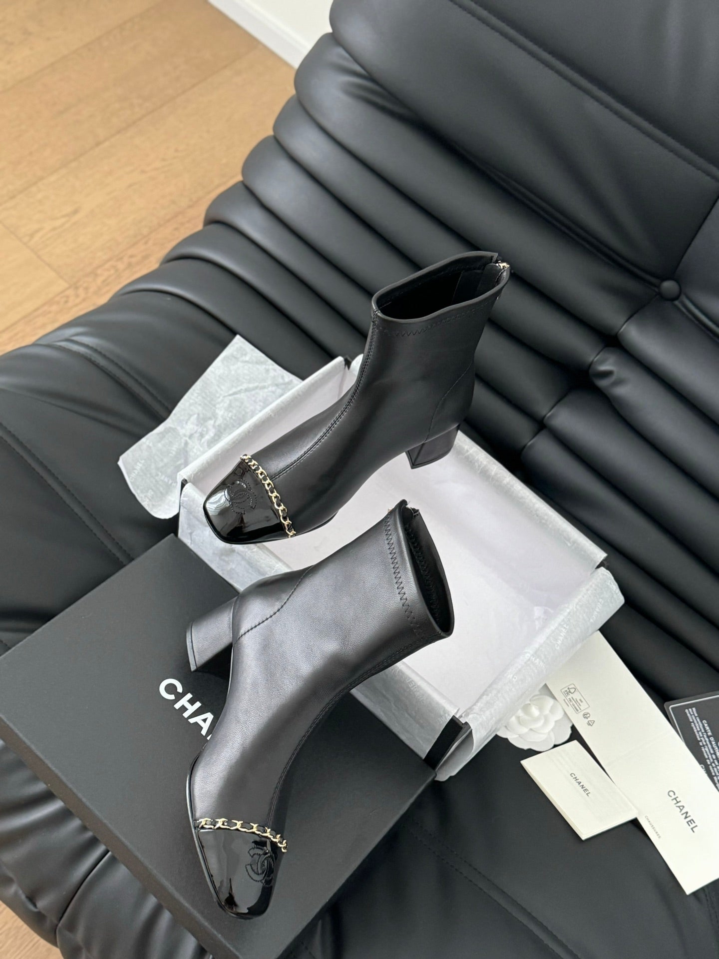 CHANEL Ankle Boot Black Calfskin Patent Calfskin