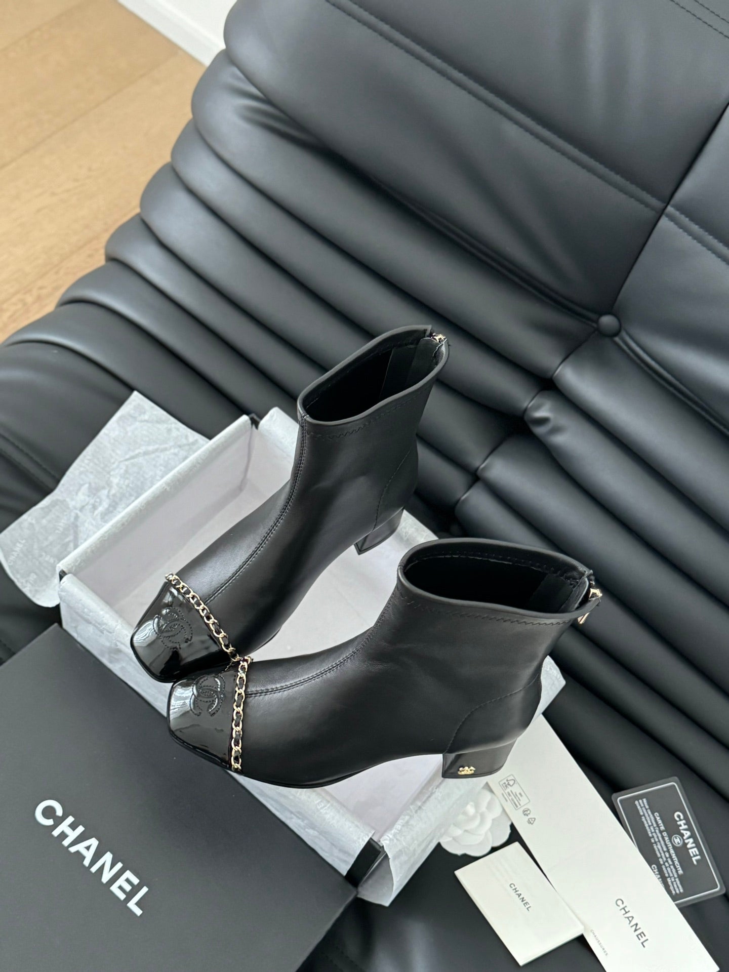 CHANEL Ankle Boot Black Calfskin Patent Calfskin