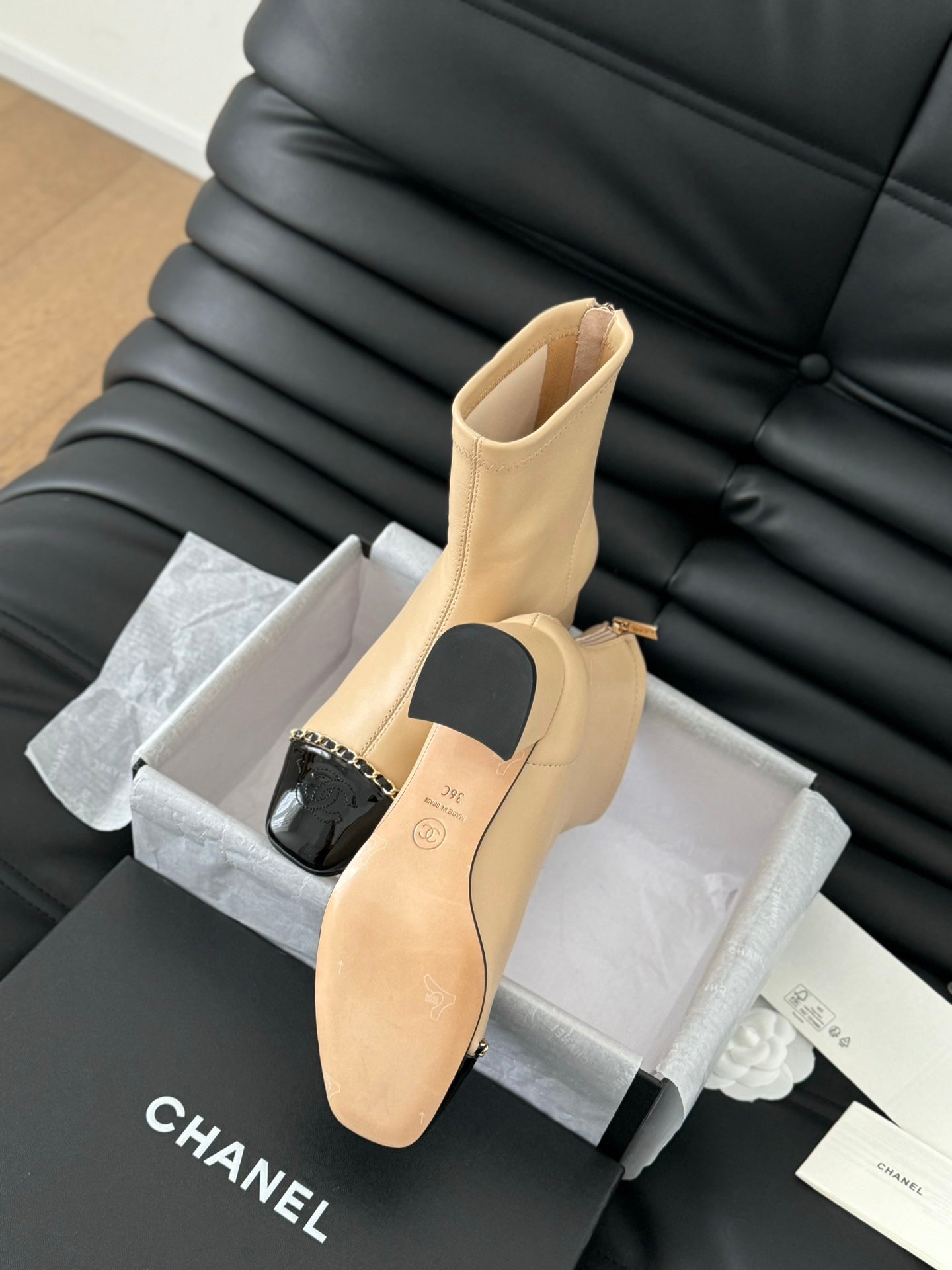 CHANEL Ankle Boot Beige Calfskin Black Patent Calfskin