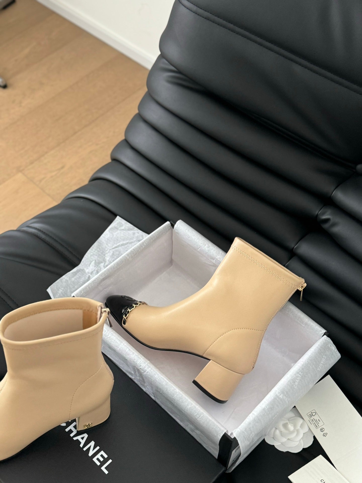 CHANEL Ankle Boot Beige Calfskin Black Patent Calfskin
