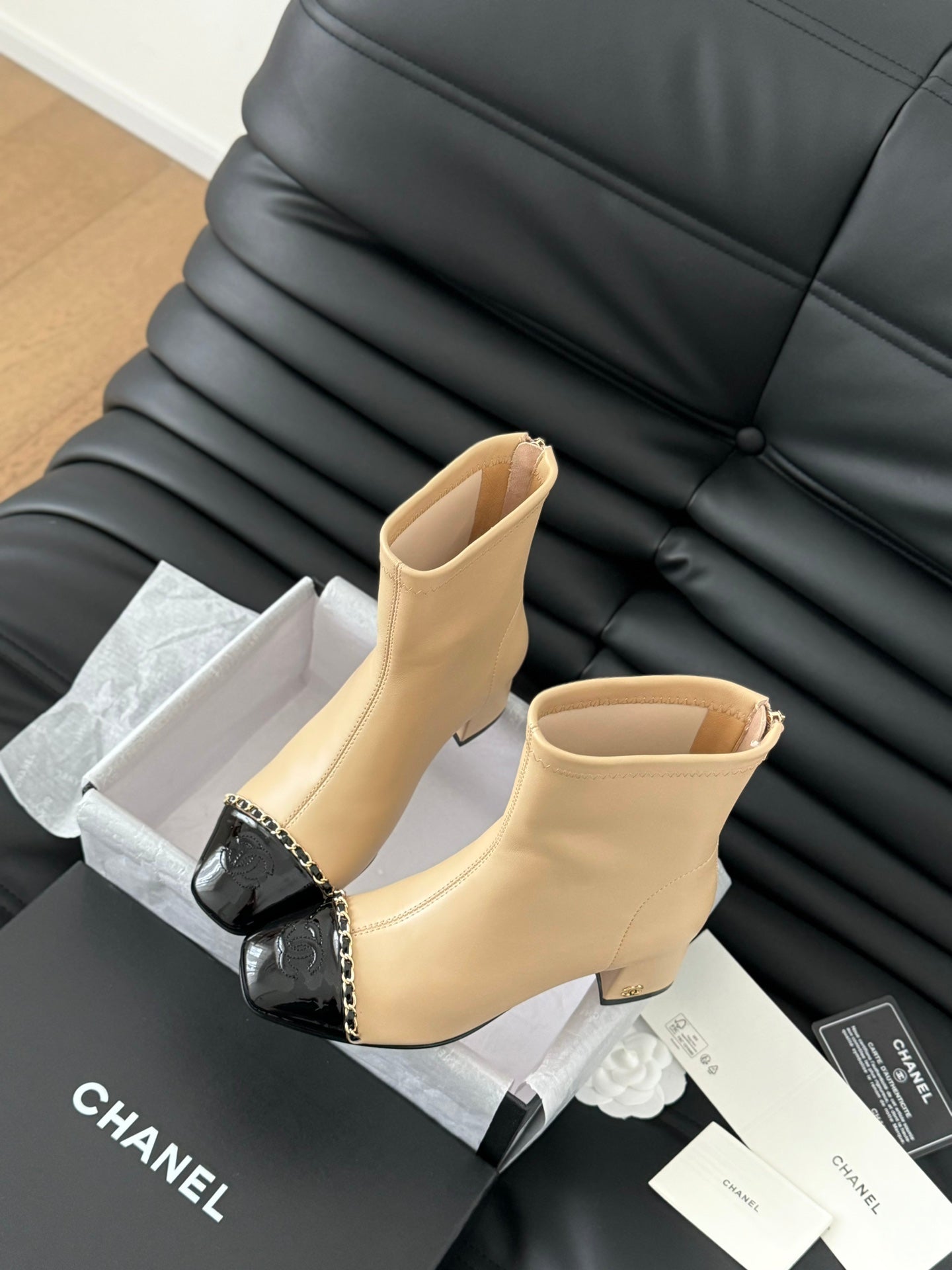 CHANEL Ankle Boot Beige Calfskin Black Patent Calfskin