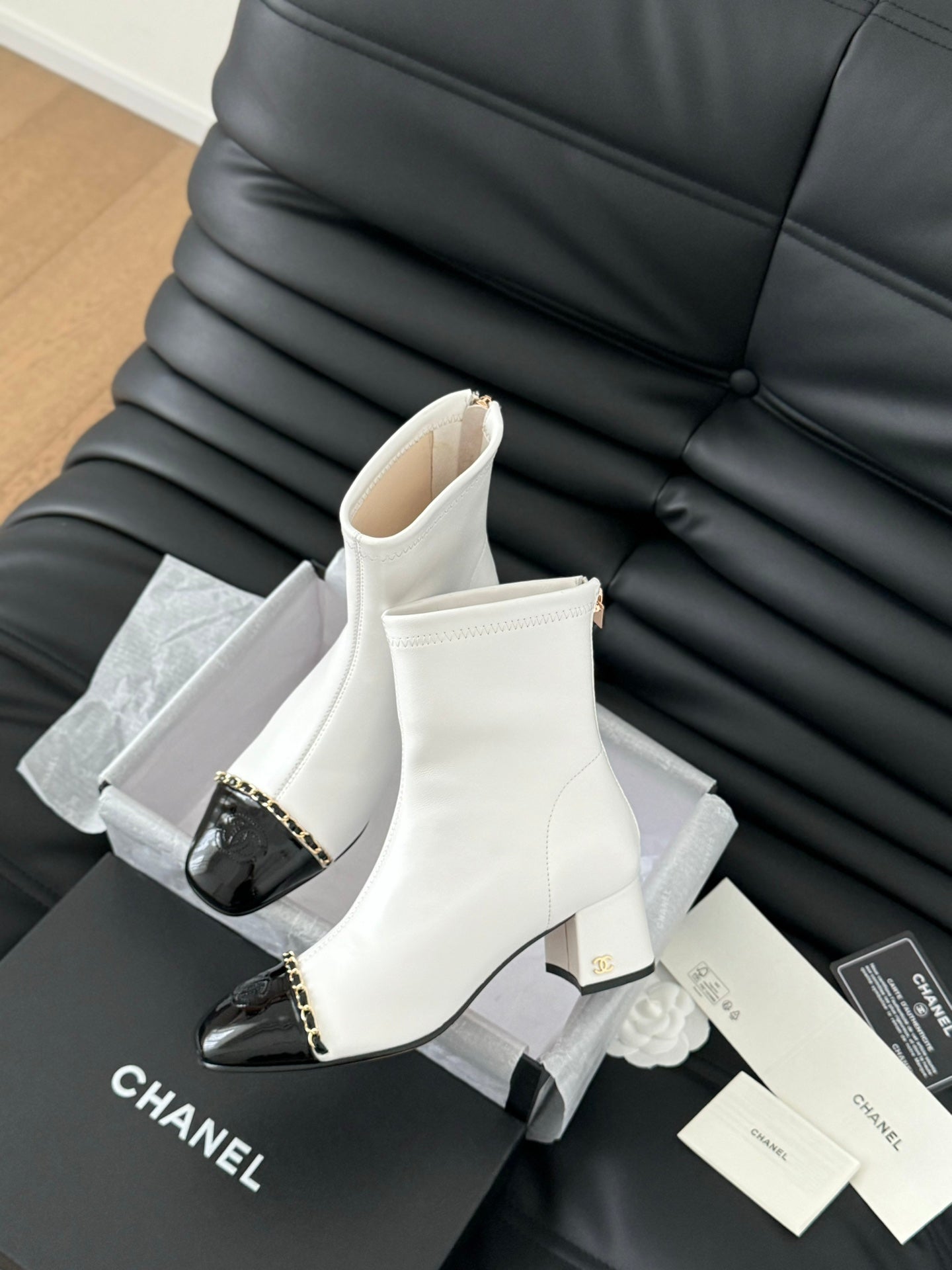 CHANEL Ankle Boot White Calfskin Black Patent Calfskin