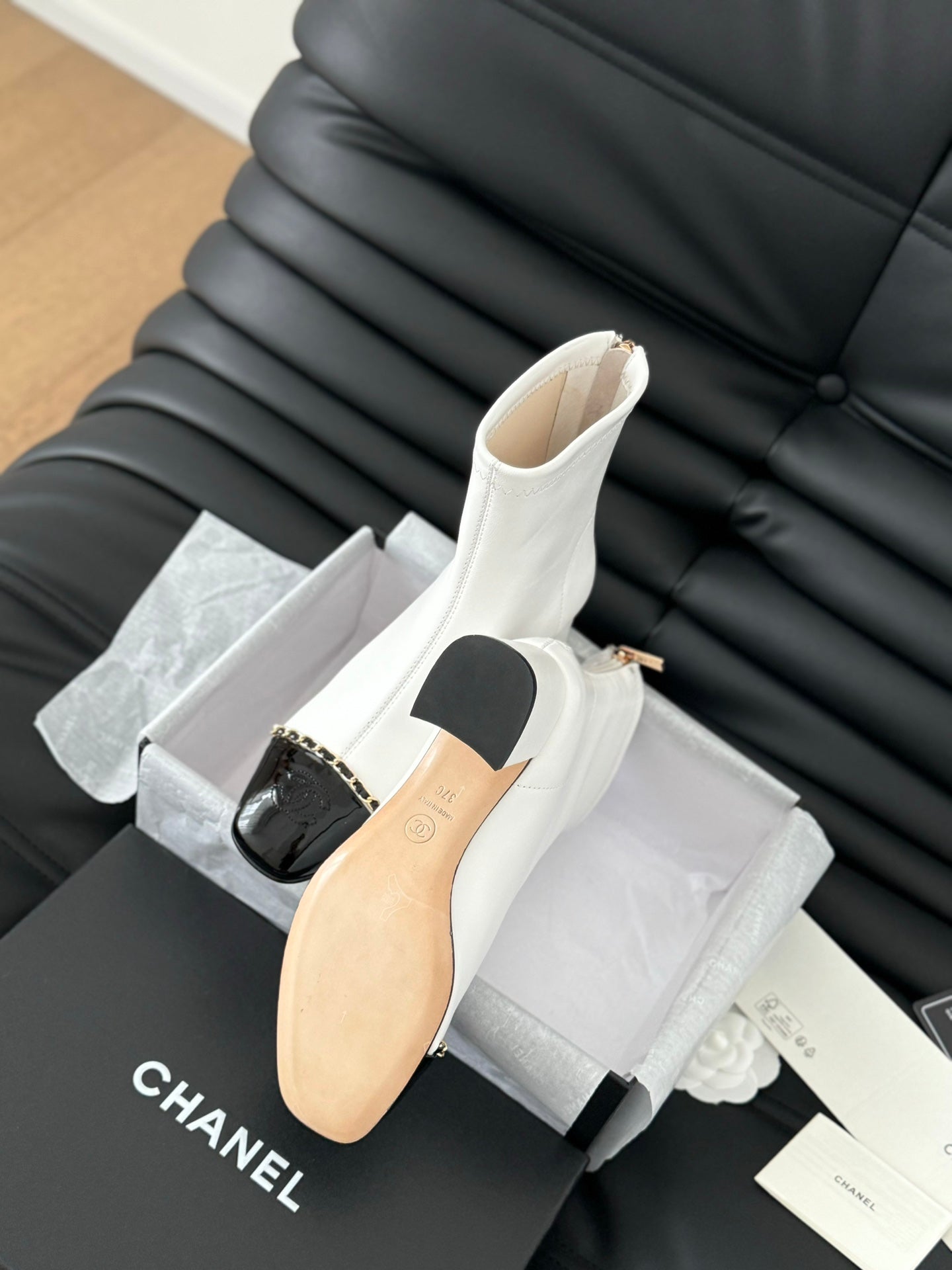 CHANEL Ankle Boot White Calfskin Black Patent Calfskin