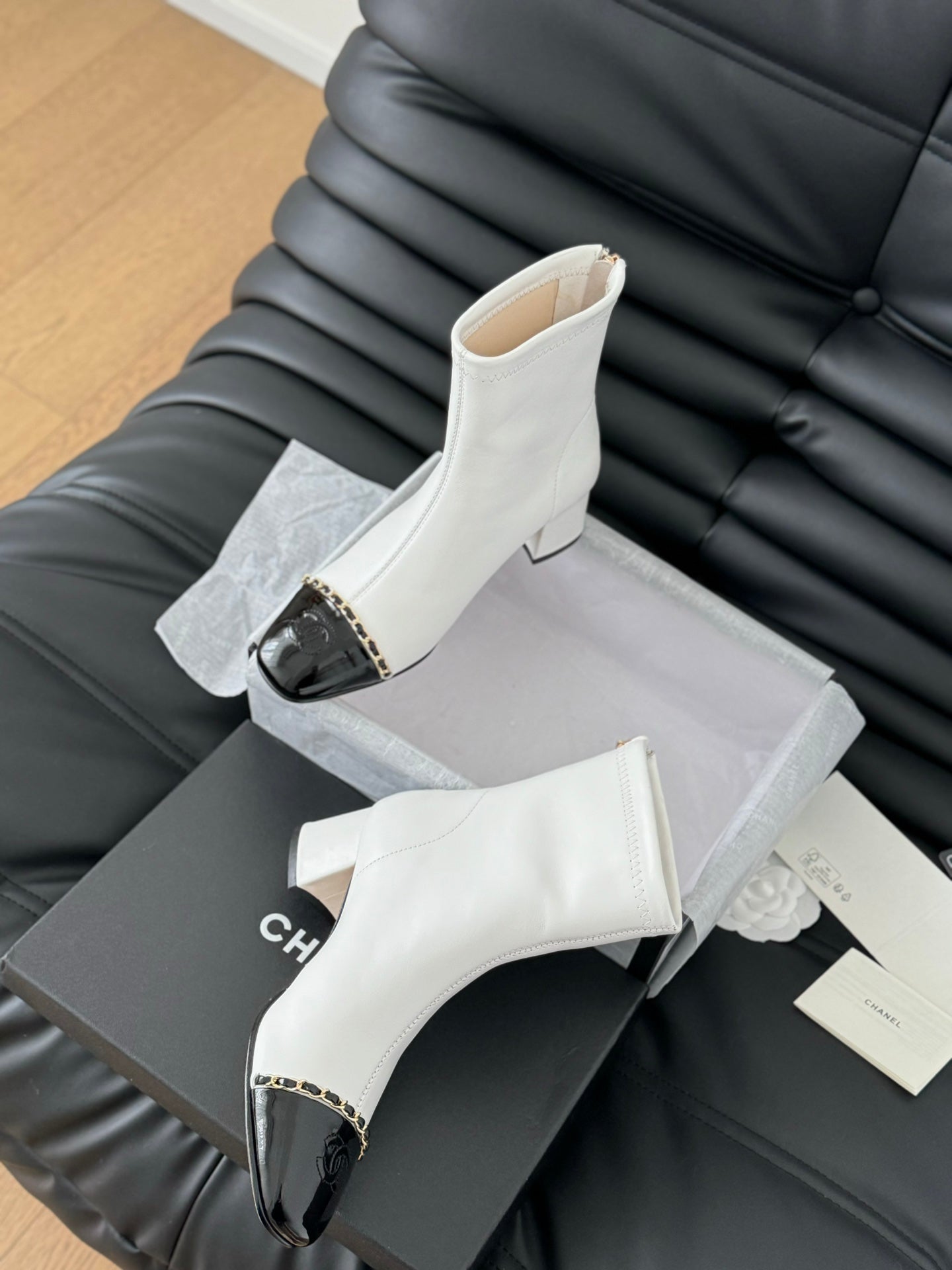 CHANEL Ankle Boot White Calfskin Black Patent Calfskin