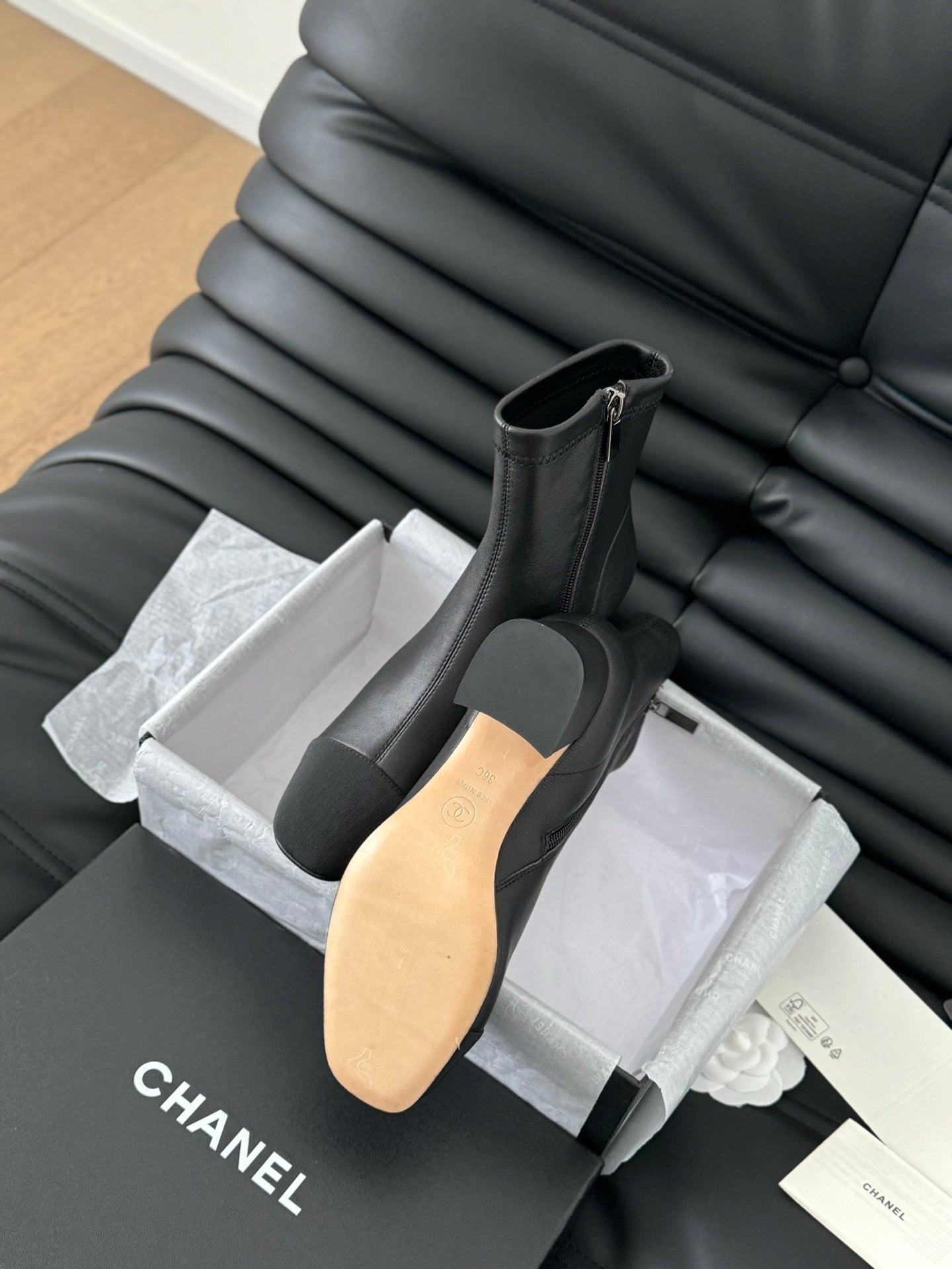 CHANEL Ankle Boot Black Calfskin Grosgrain