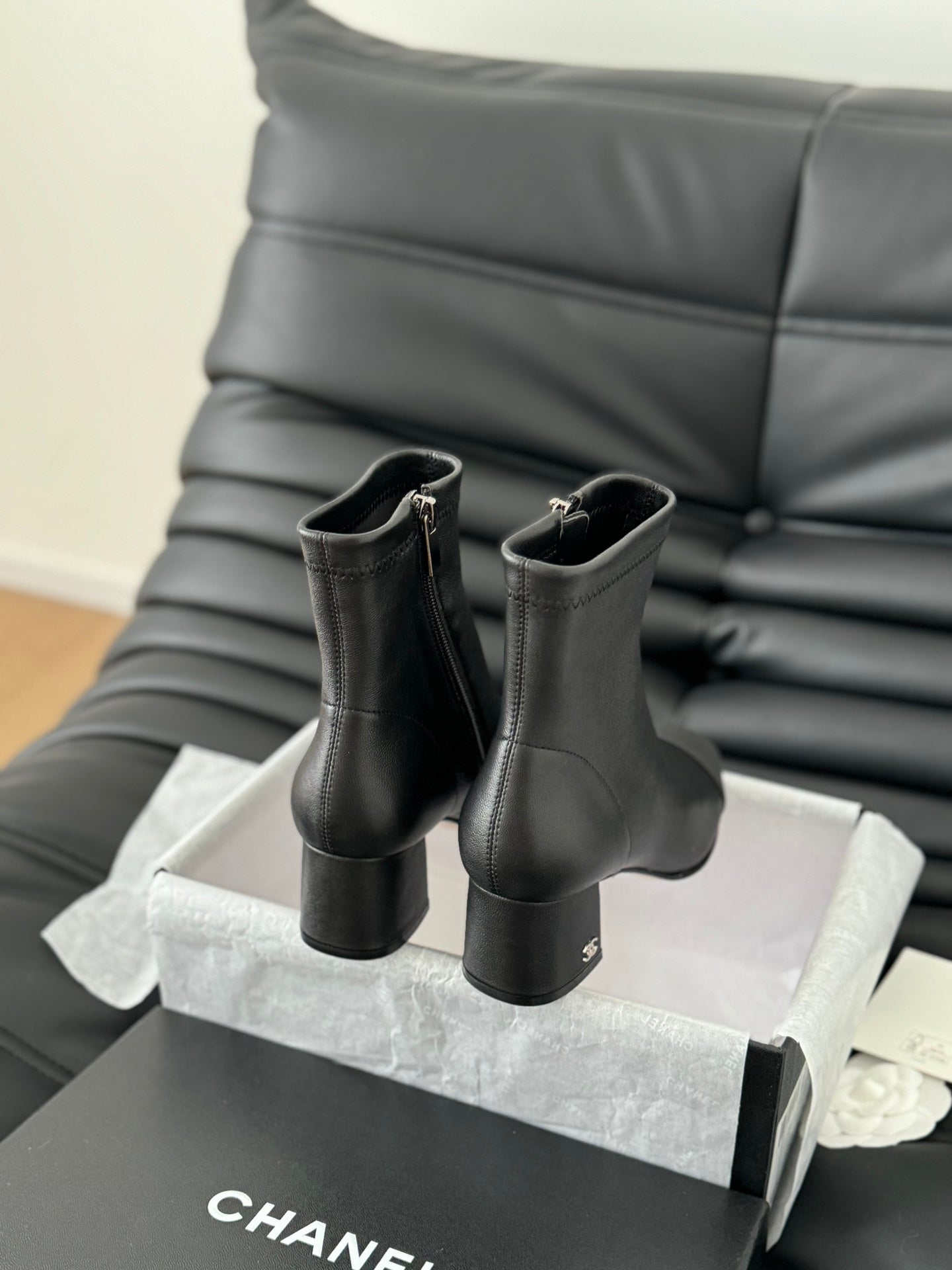 CHANEL Ankle Boot Black Calfskin Grosgrain