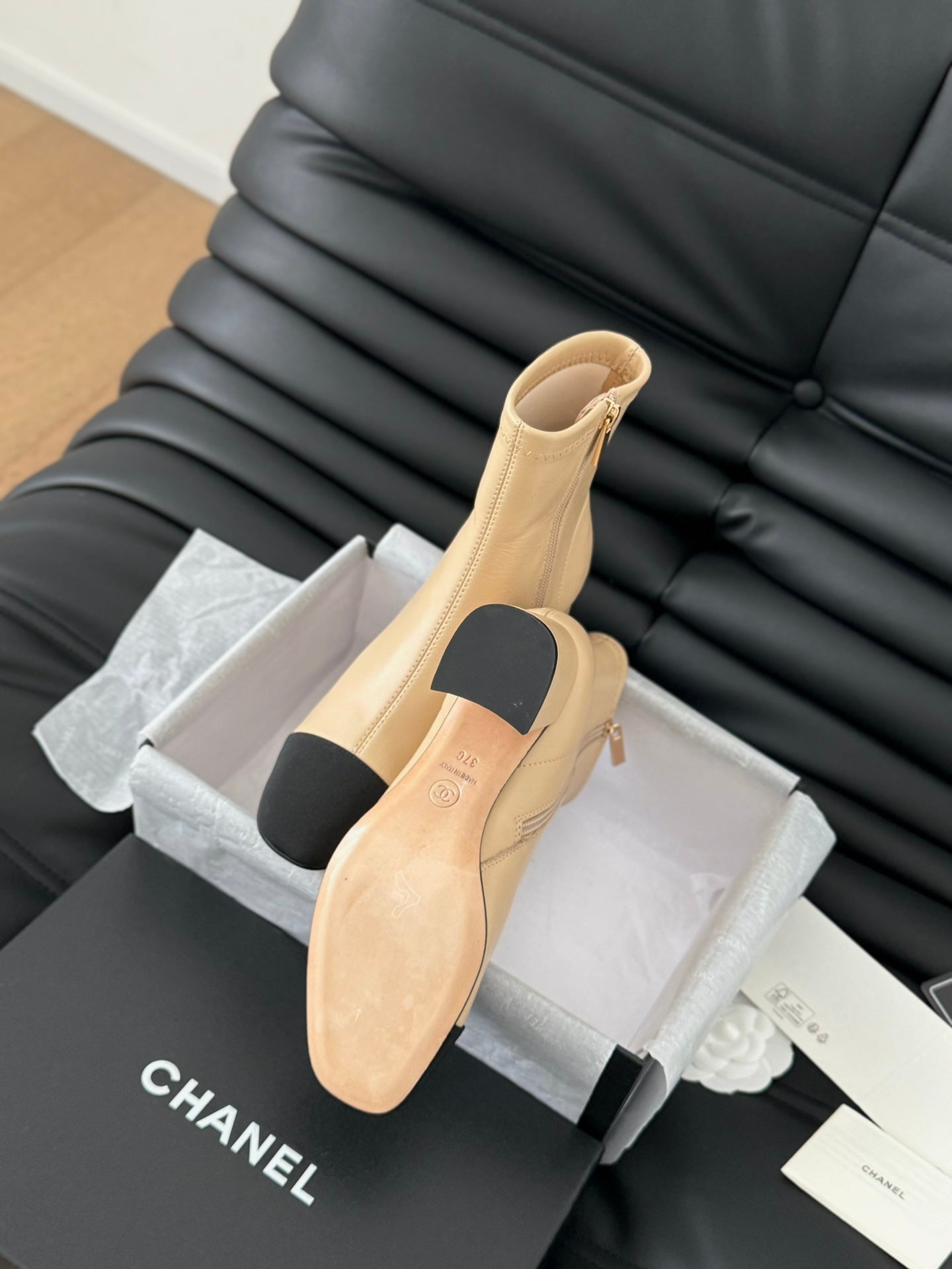 CHANEL Ankle Boot Beige Calfskin Black Grosgrain
