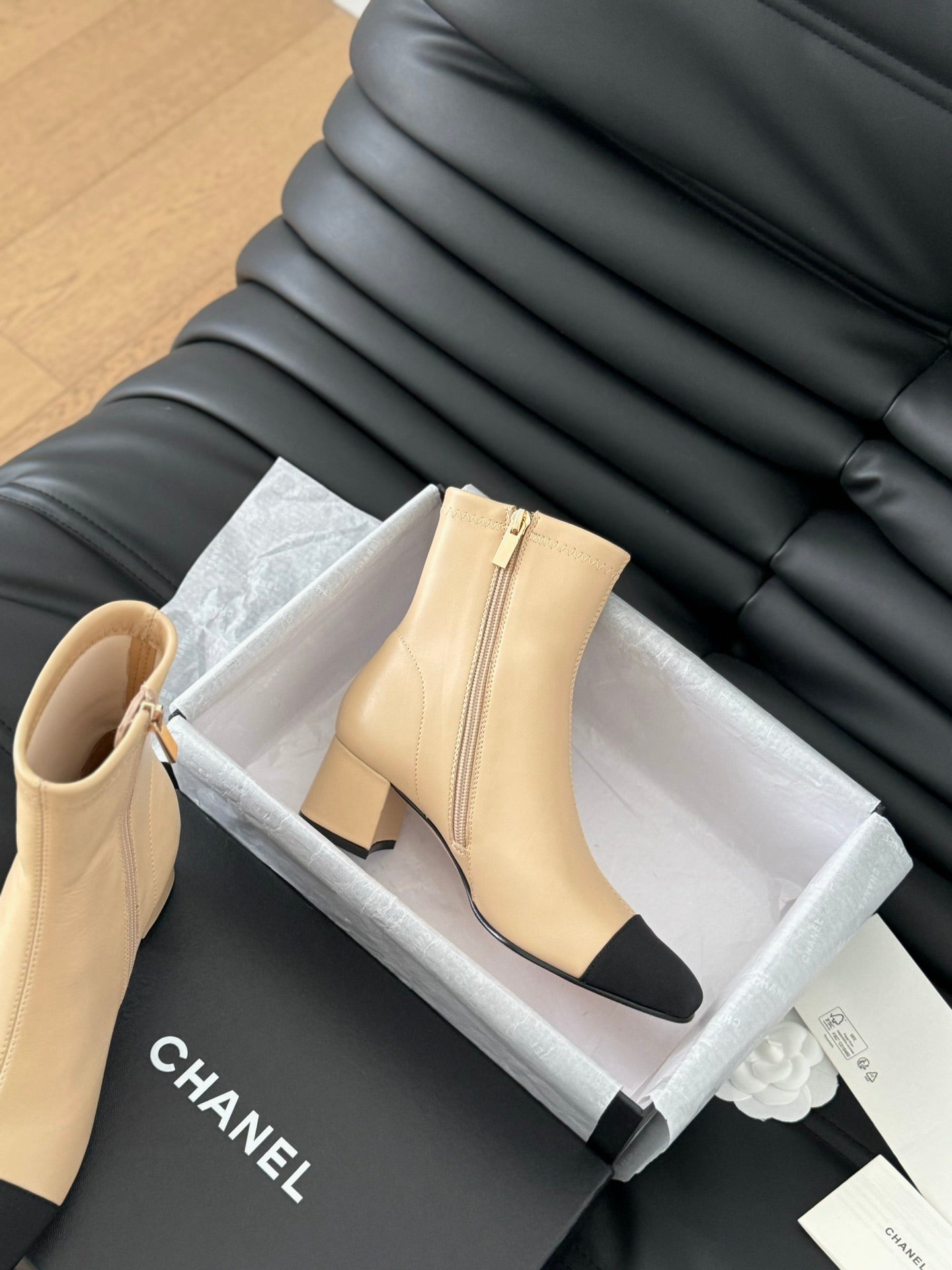 CHANEL Ankle Boot Beige Calfskin Black Grosgrain