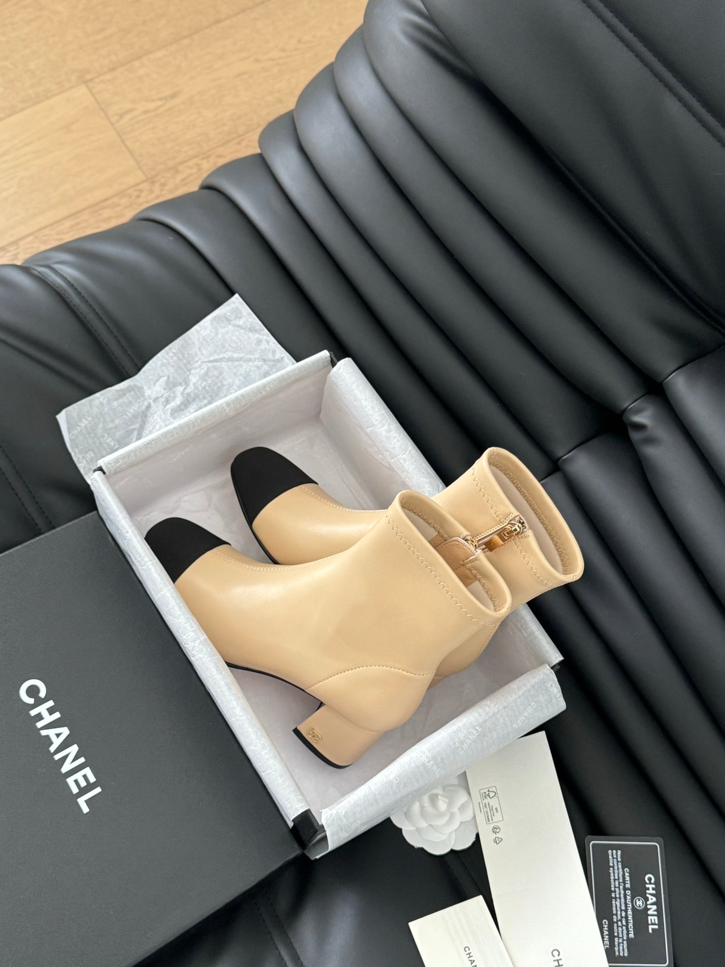 CHANEL Ankle Boot Beige Calfskin Black Grosgrain