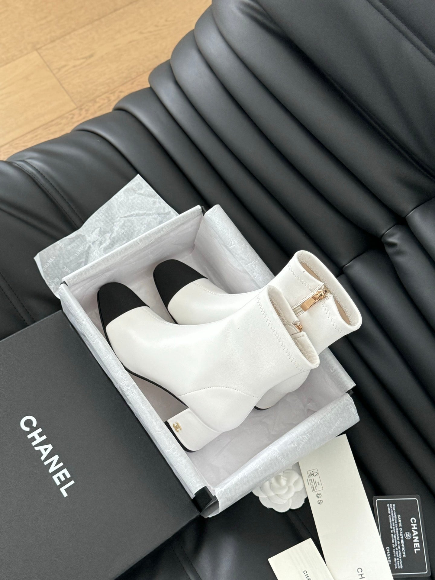 CHANEL Ankle Boot White Calfskin Black Grosgrain