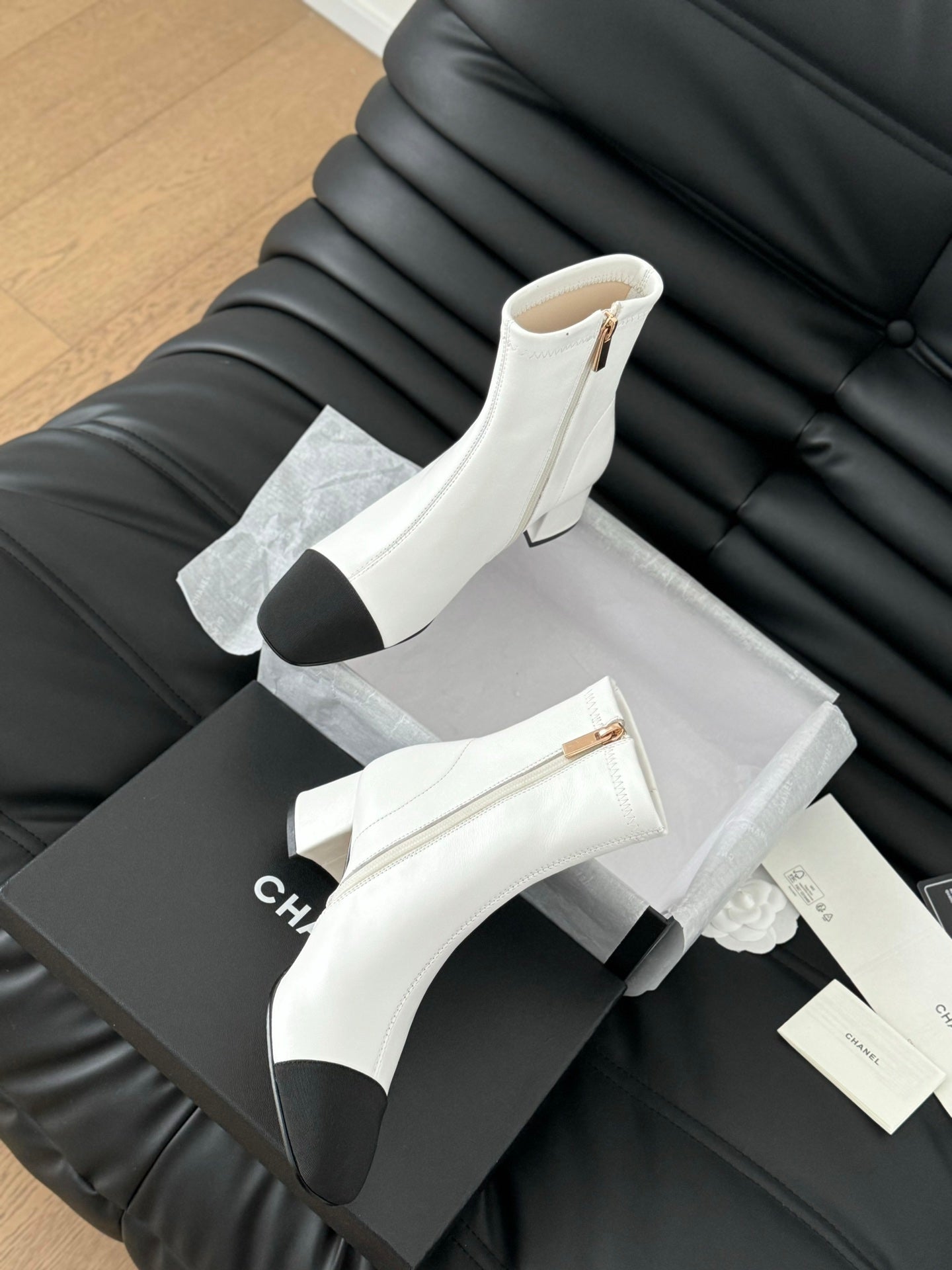 CHANEL Ankle Boot White Calfskin Black Grosgrain