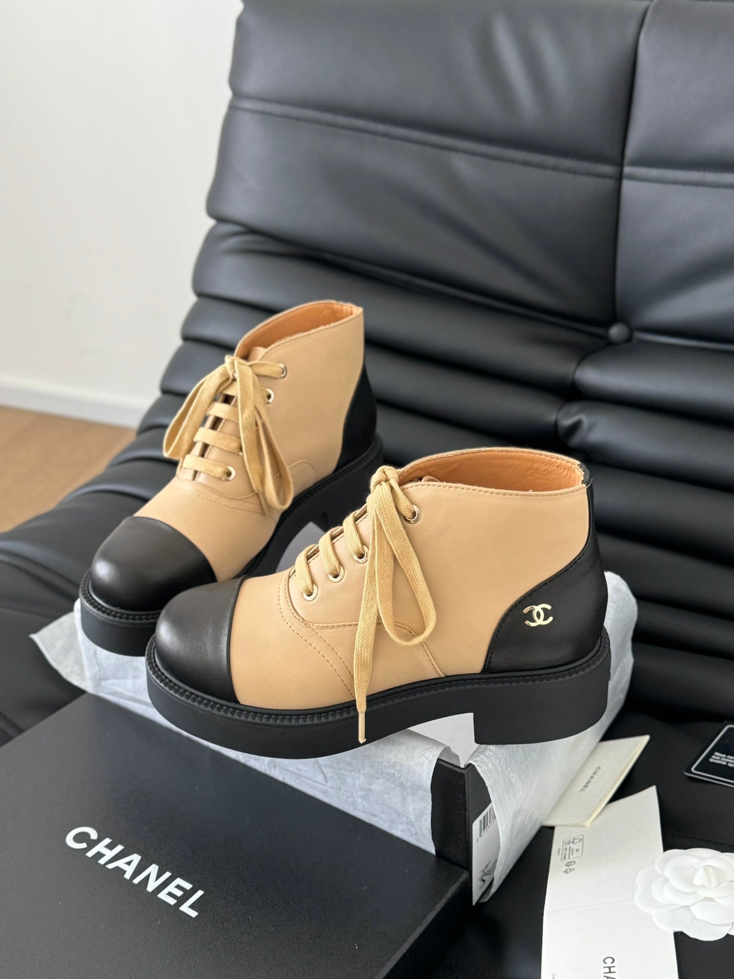 CHANEL Ankle Boots Dark Beige Mix Black Calfskin 937064