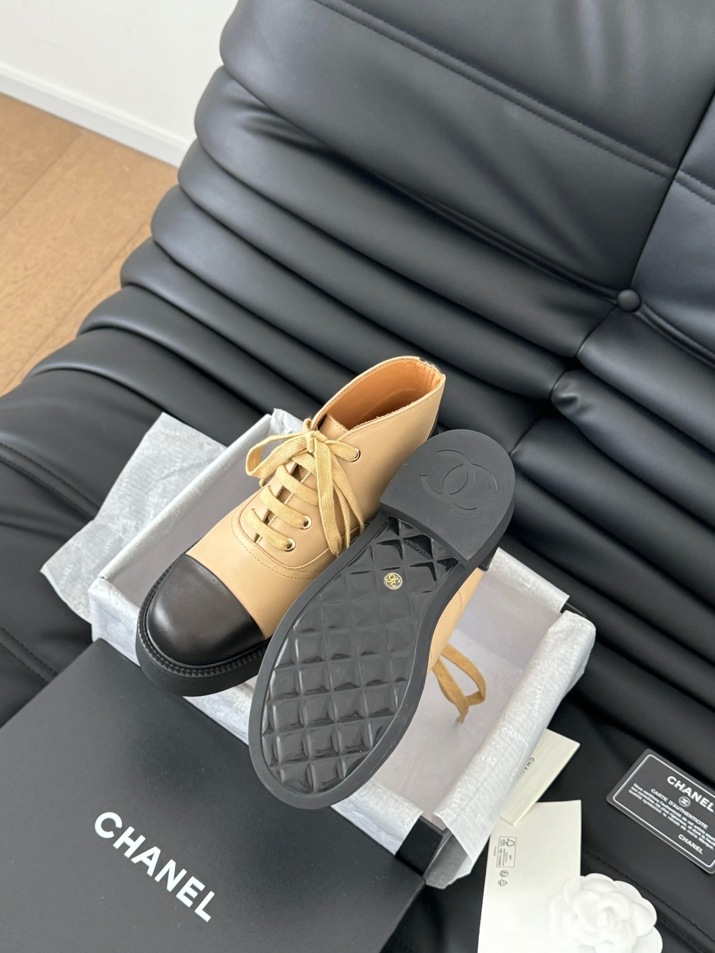 CHANEL Ankle Boots Dark Beige Mix Black Calfskin 937064