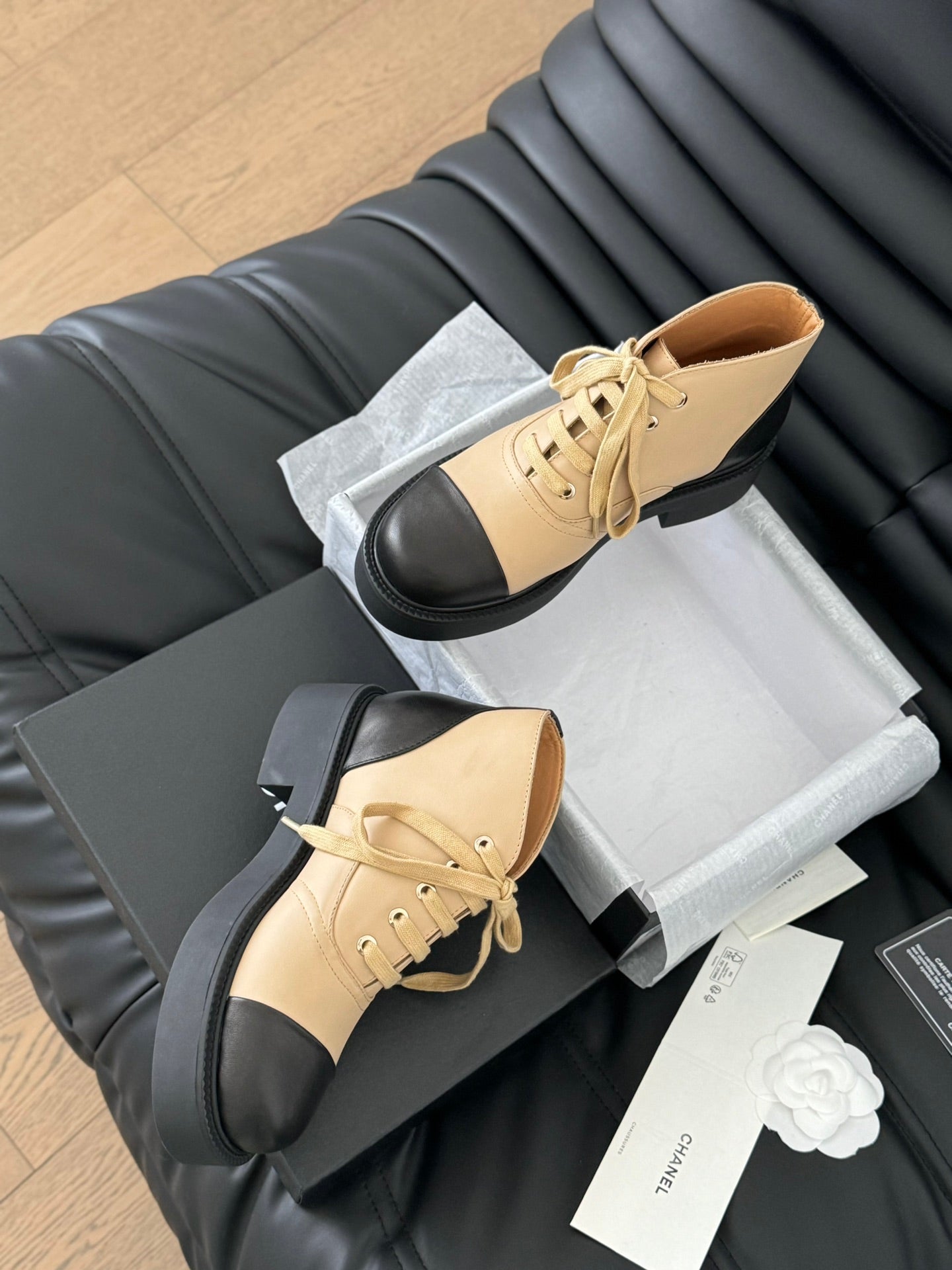 CHANEL Ankle Boots Dark Beige Mix Black Calfskin 937064