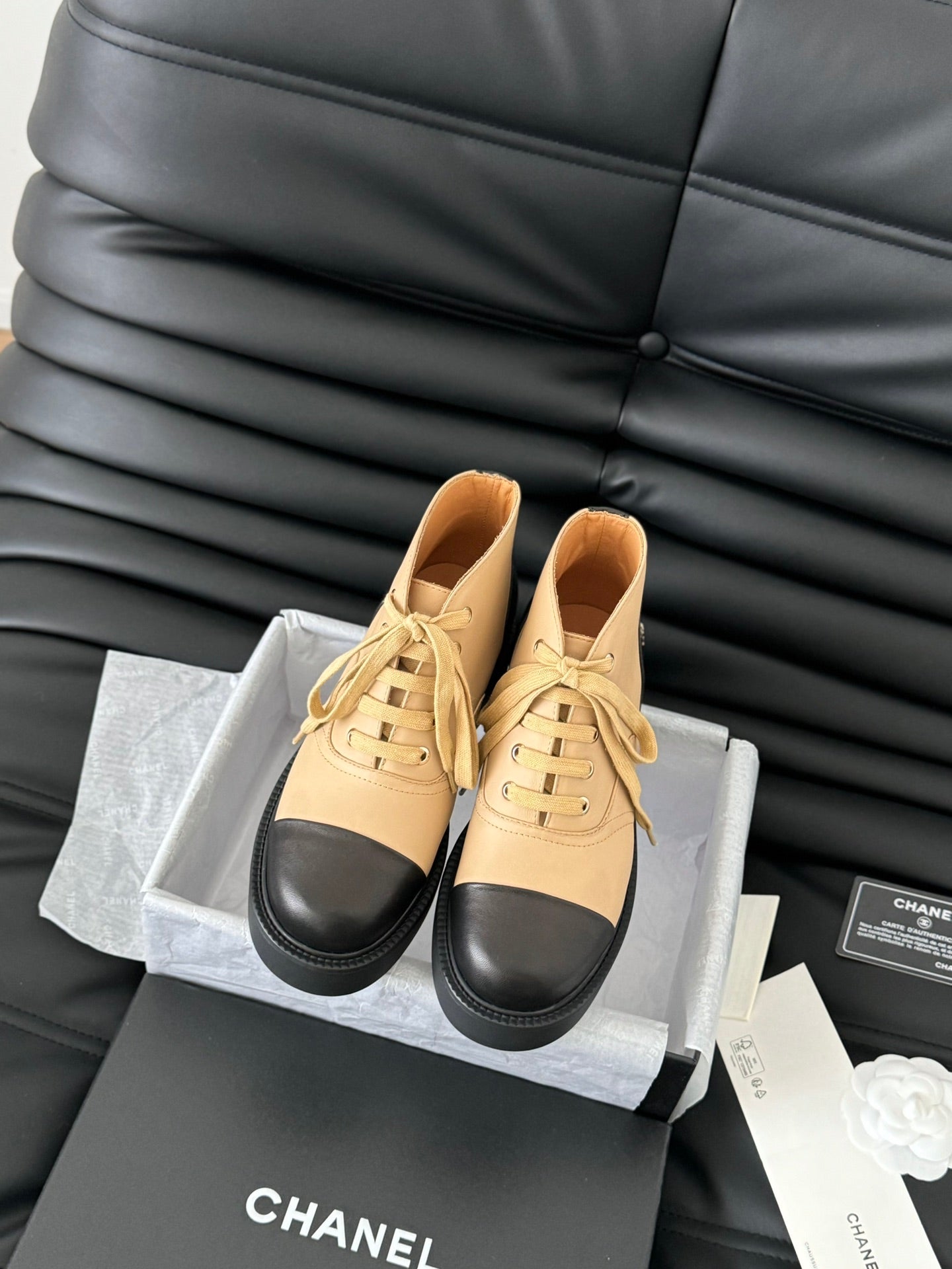 CHANEL Ankle Boots Dark Beige Mix Black Calfskin 937064