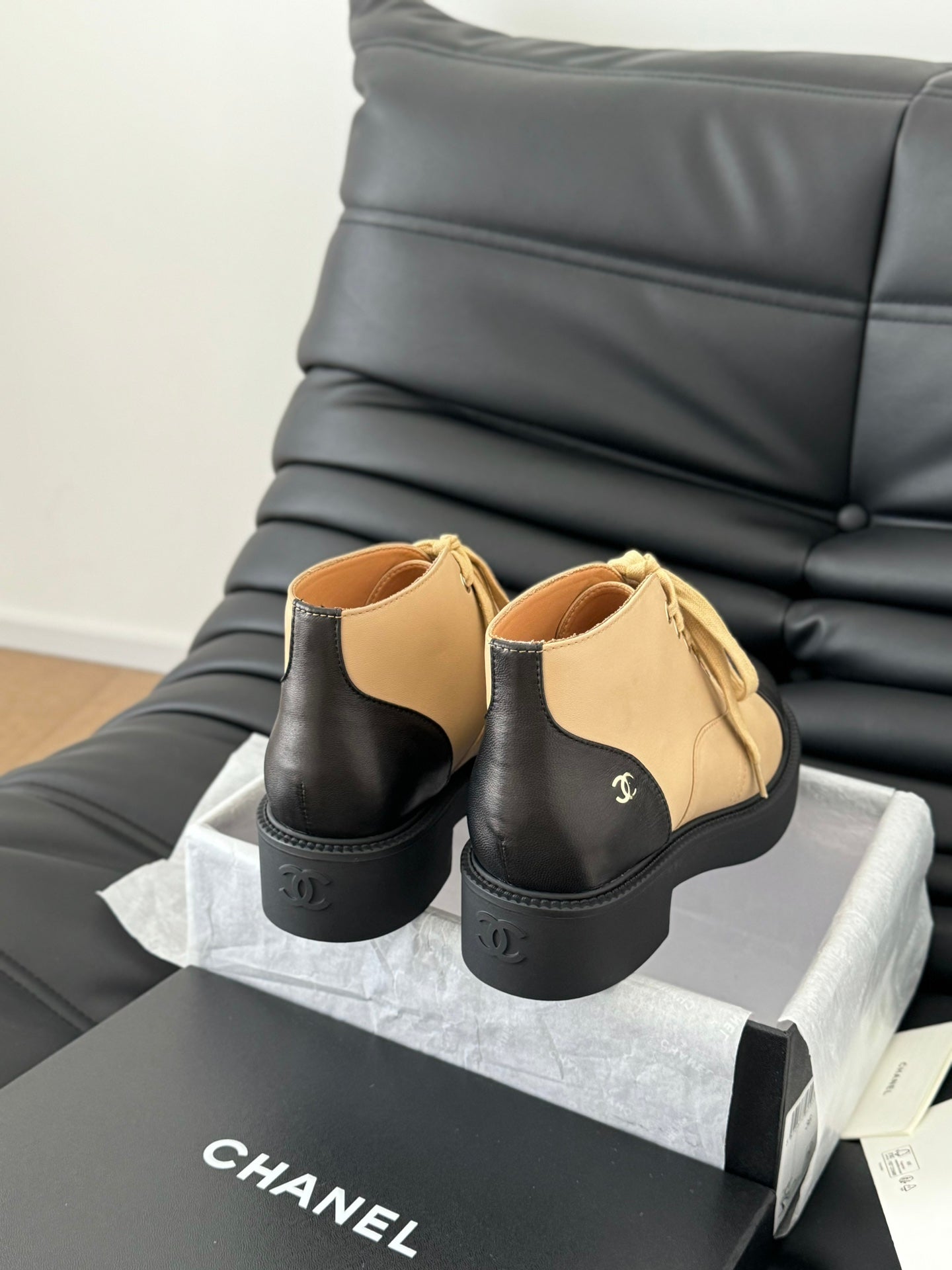 CHANEL Ankle Boots Dark Beige Mix Black Calfskin 937064