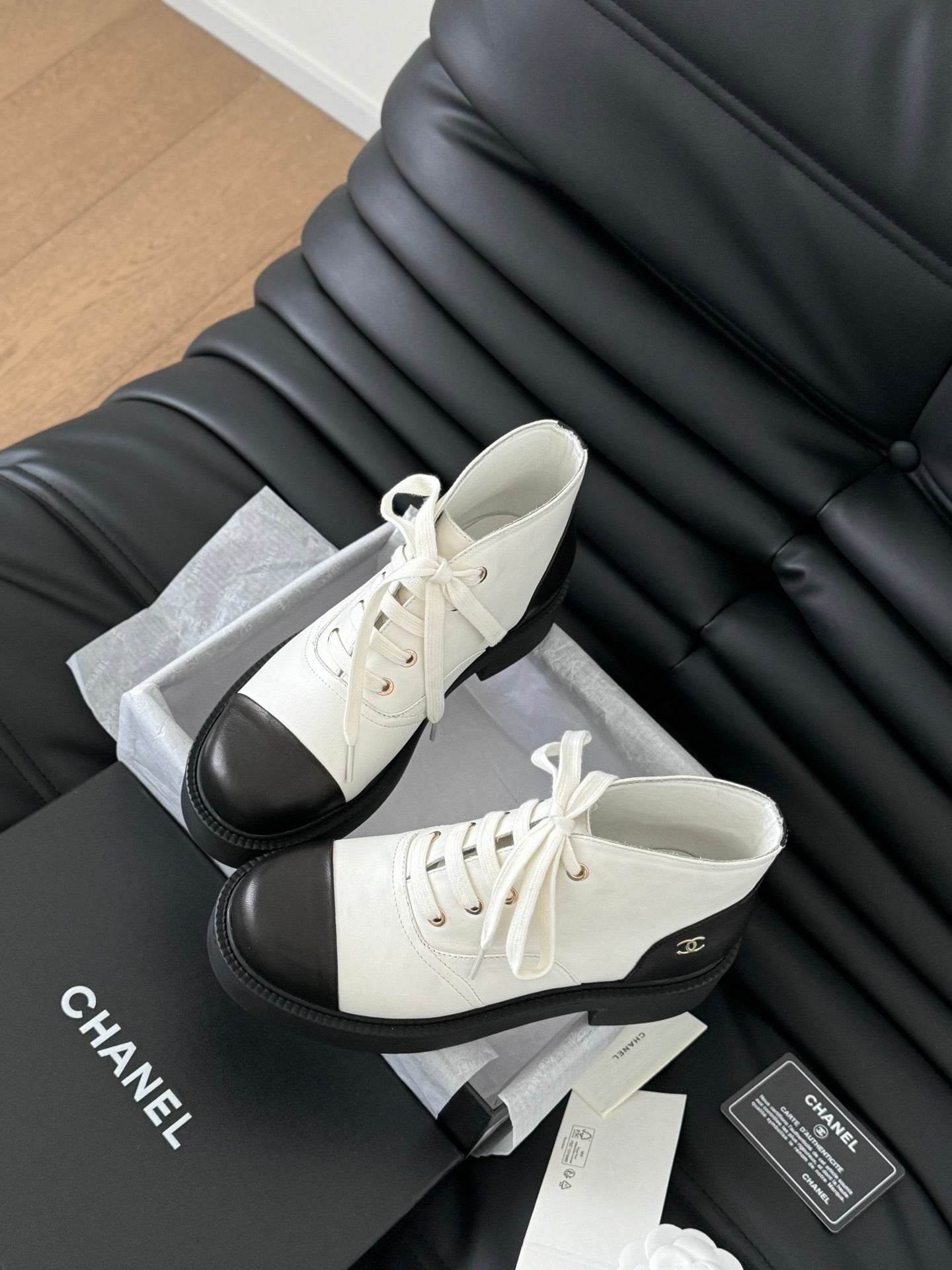 CHANEL Ankle Boots White Mix Black Calfskin 937066