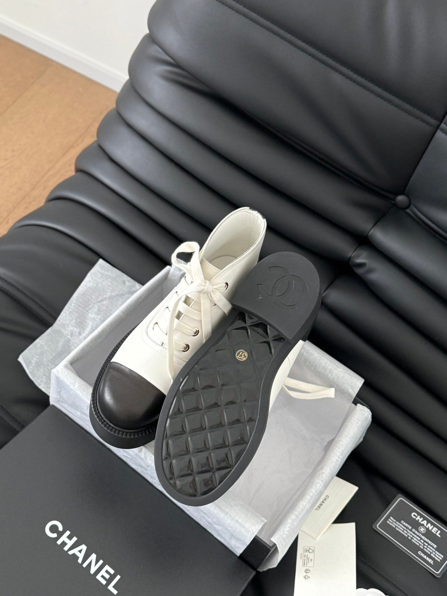 CHANEL Ankle Boots White Mix Black Calfskin 937066