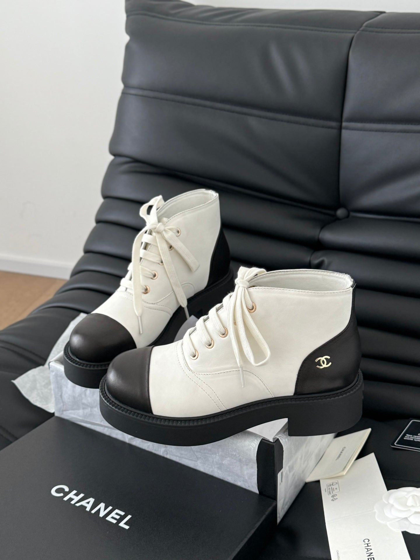 CHANEL Ankle Boots White Mix Black Calfskin 937066