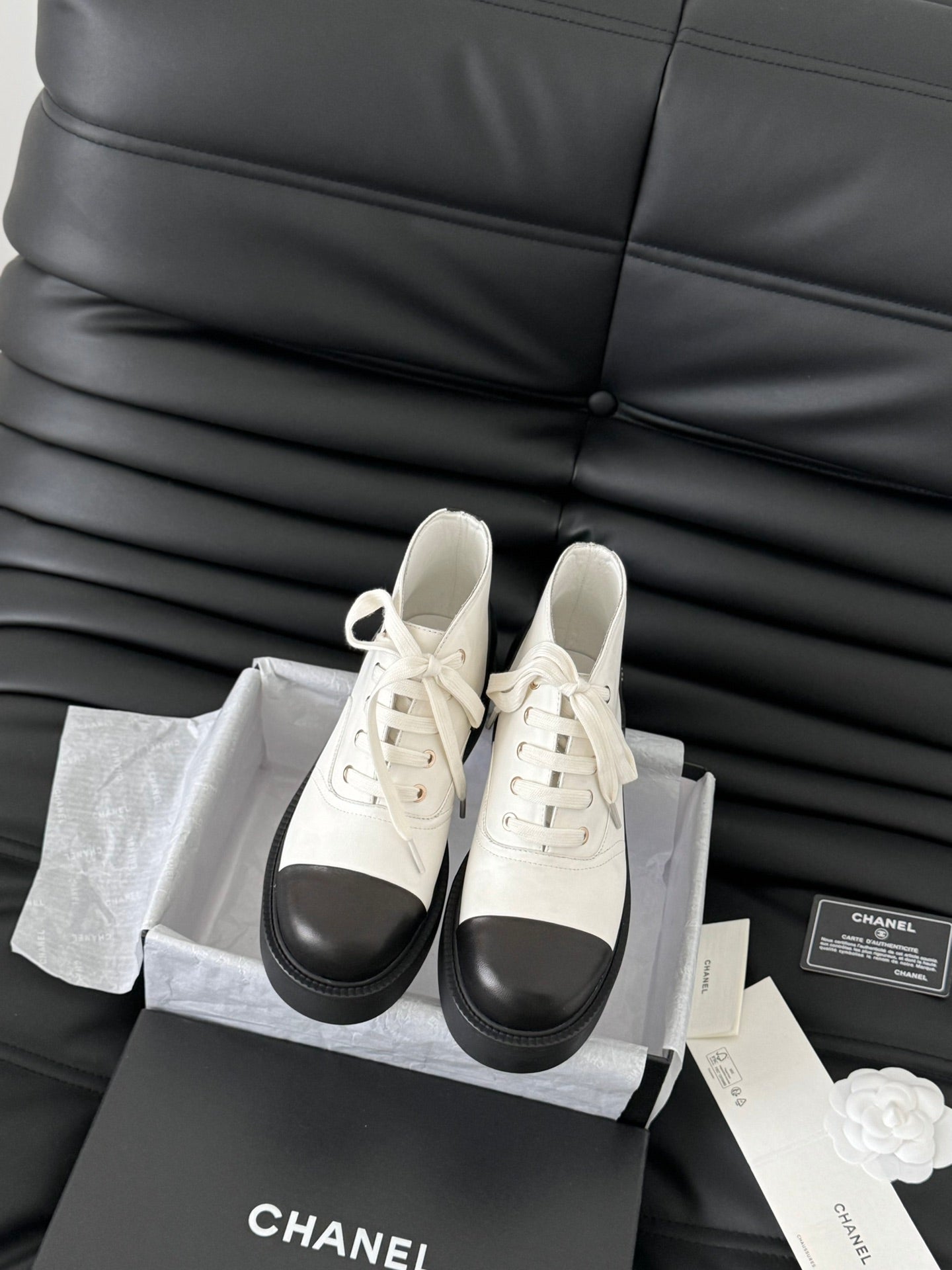 CHANEL Ankle Boots White Mix Black Calfskin 937066