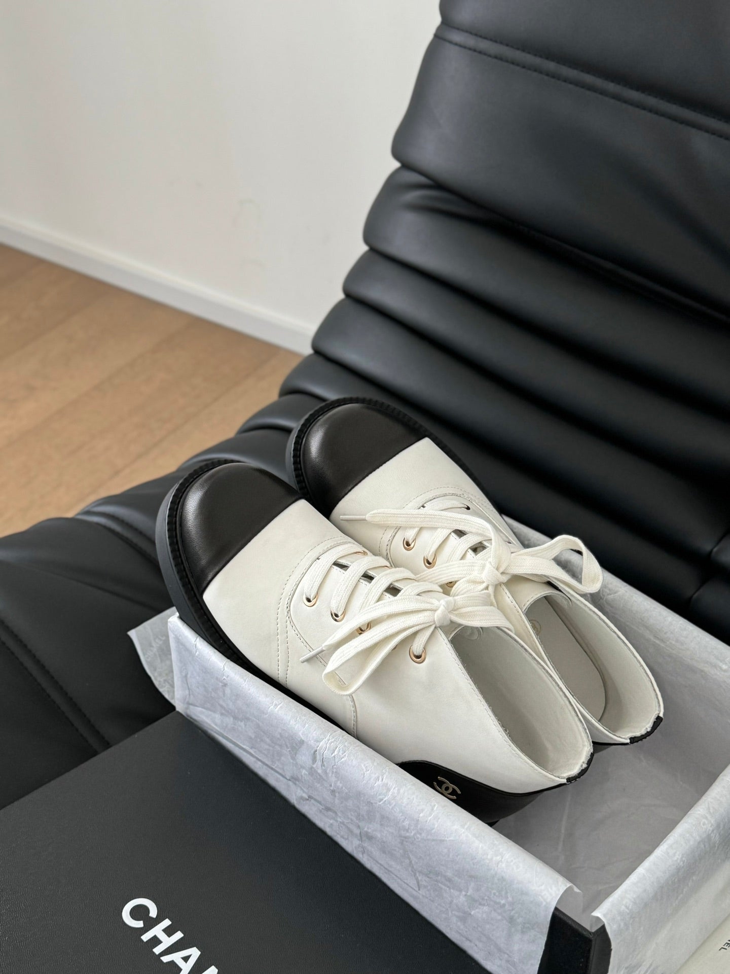CHANEL Ankle Boots White Mix Black Calfskin 937066