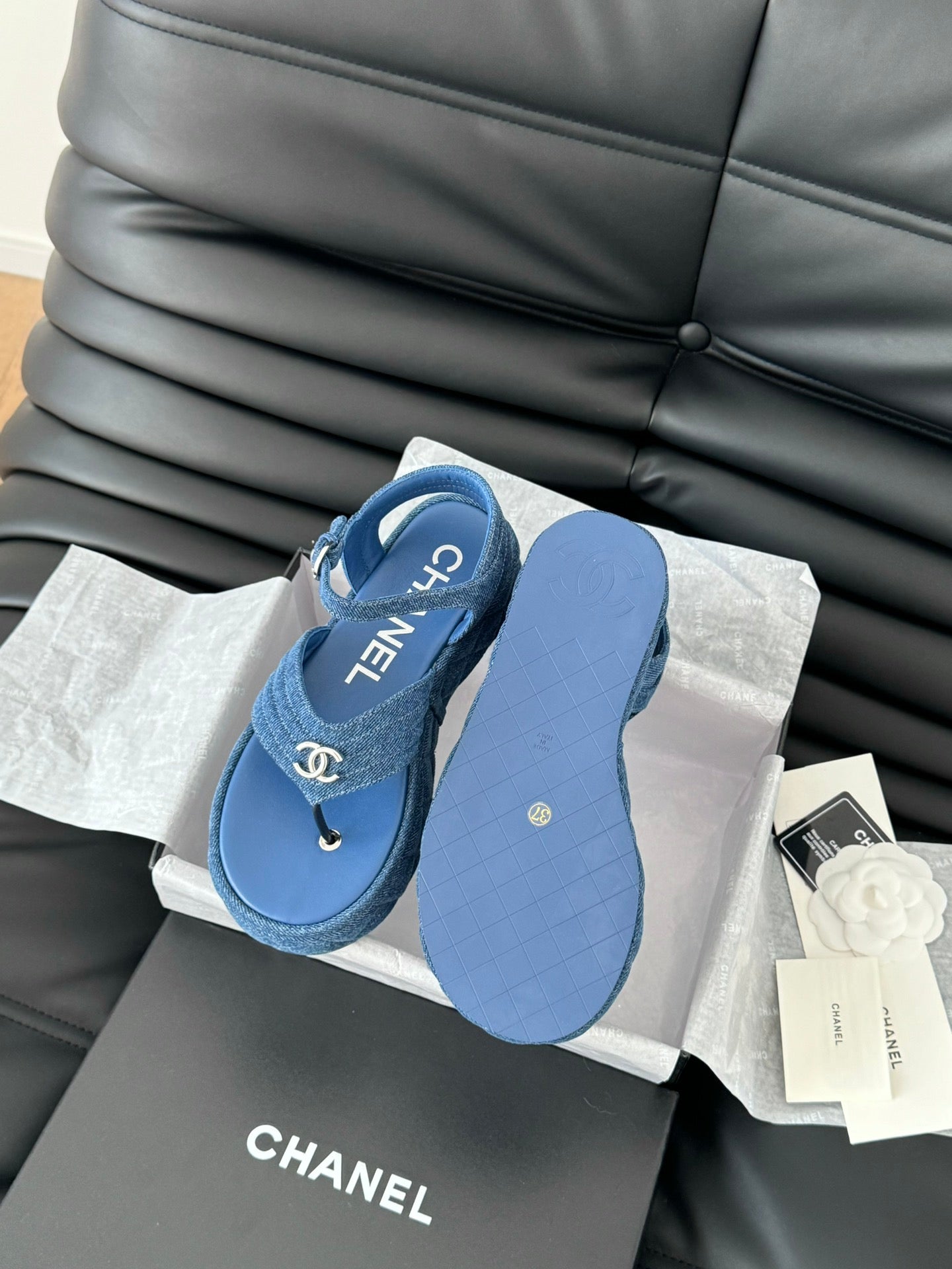 CHANEL 25S Slingback Sandal Blue Denim