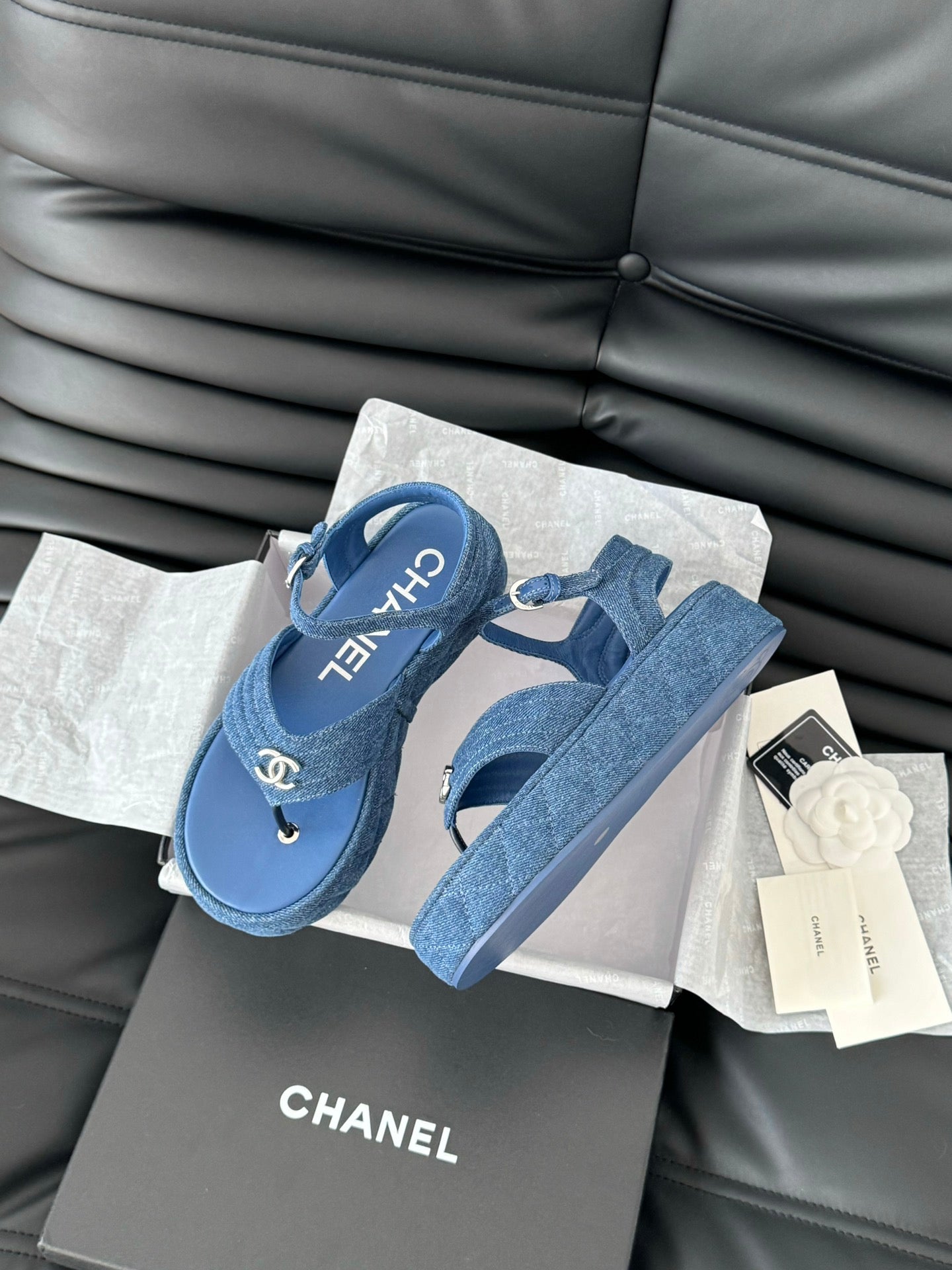 CHANEL 25S Slingback Sandal Blue Denim