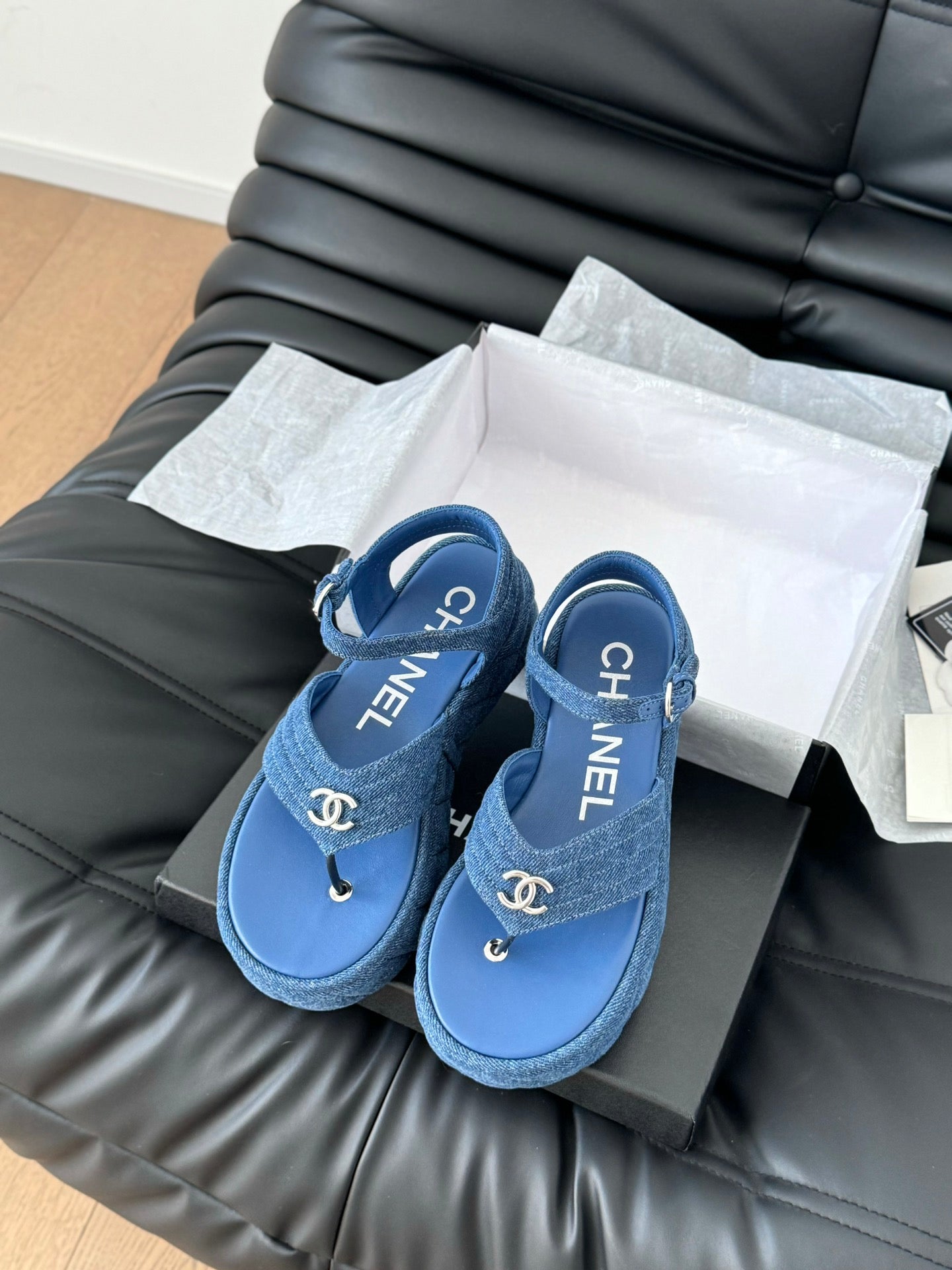 CHANEL 25S Slingback Sandal Blue Denim