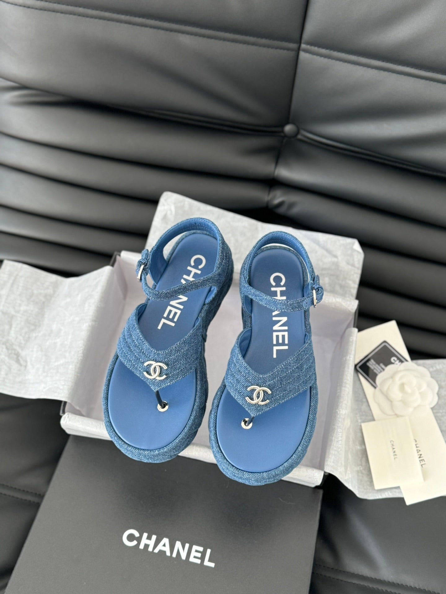 CHANEL 25S Slingback Sandal Blue Denim