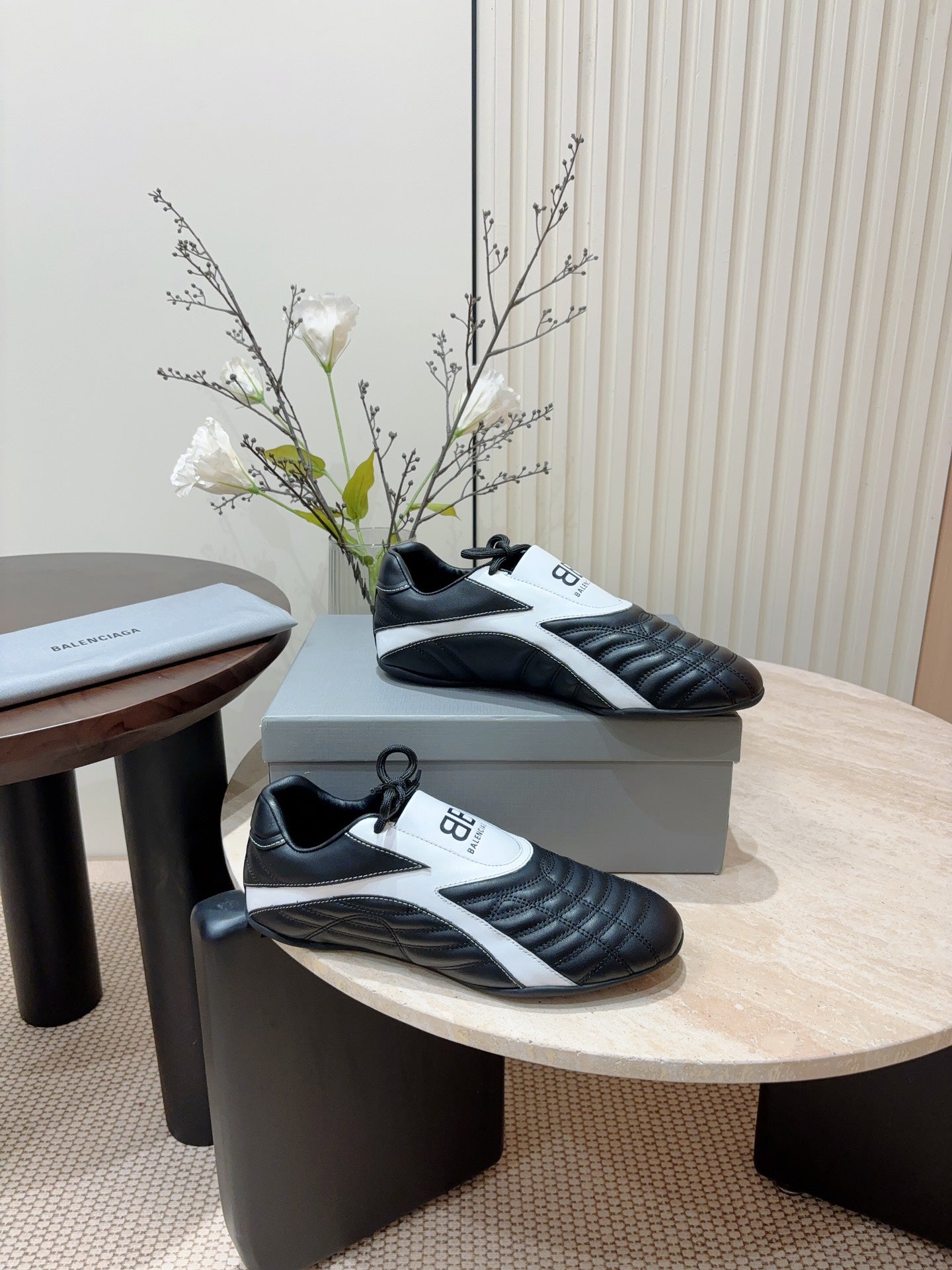Balanciaga SOCCER SNEAKER IN BLACK MIX WHITE QUILTED LAMBSKIN