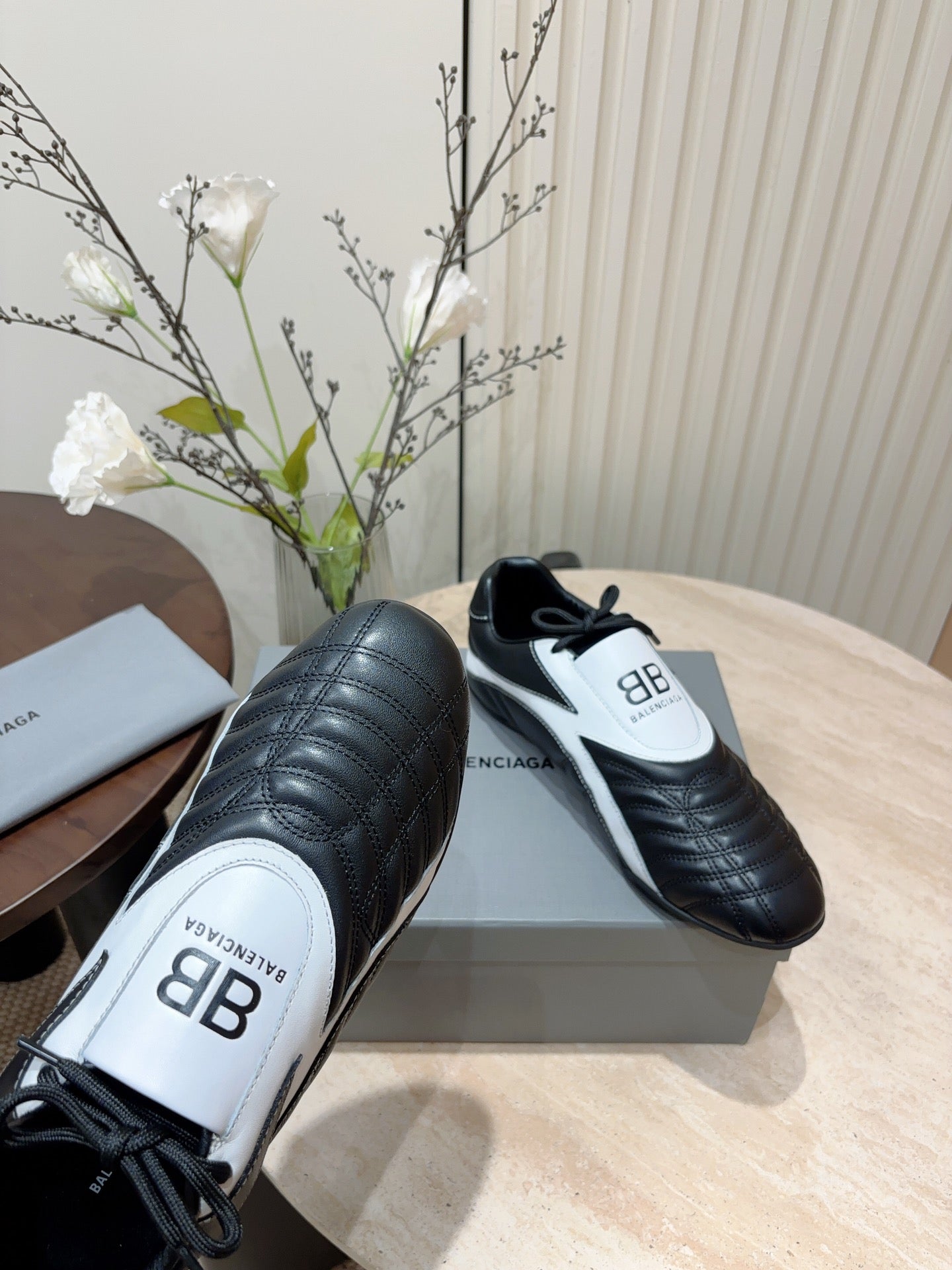 Balanciaga SOCCER SNEAKER IN BLACK MIX WHITE QUILTED LAMBSKIN