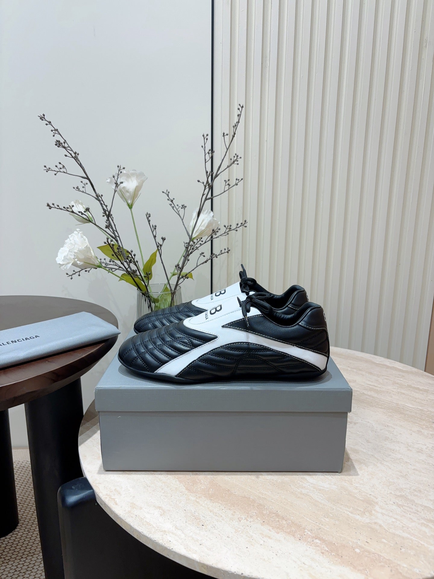 Balanciaga SOCCER SNEAKER IN BLACK MIX WHITE QUILTED LAMBSKIN