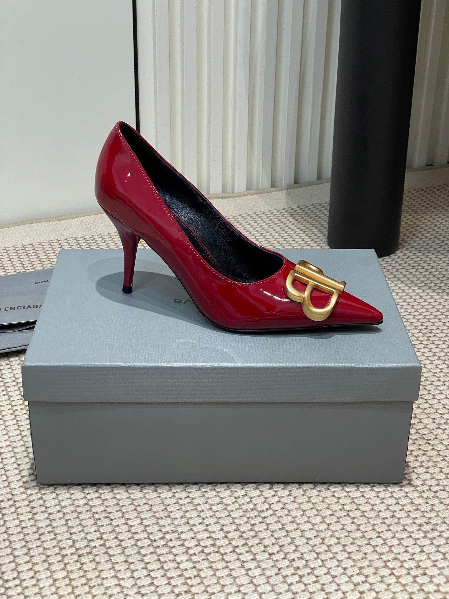 Balanciaga POINTED BB GOLD BUCKLE HIGH PUMPS 80MM IN RED PATENT CALFSKIN