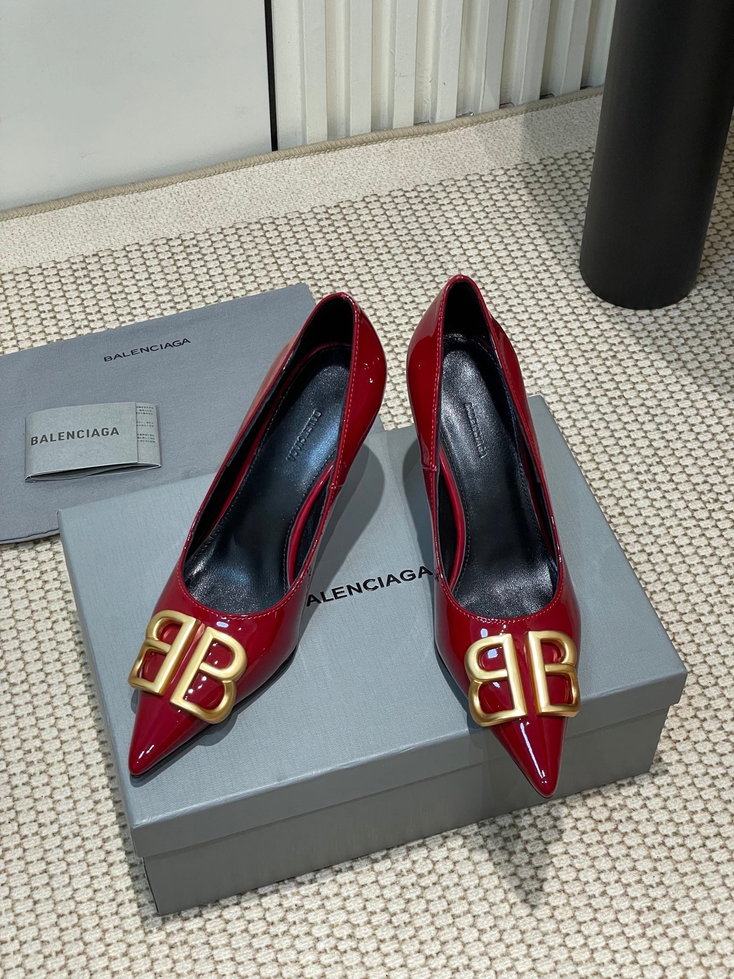 Balanciaga POINTED BB GOLD BUCKLE HIGH PUMPS 80MM IN RED PATENT CALFSKIN