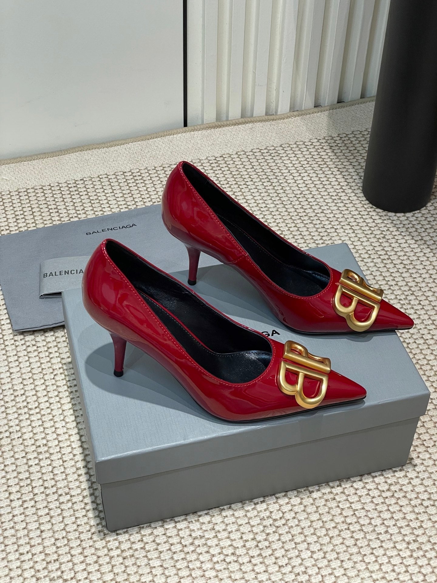 Balanciaga POINTED BB GOLD BUCKLE HIGH PUMPS 80MM IN RED PATENT CALFSKIN