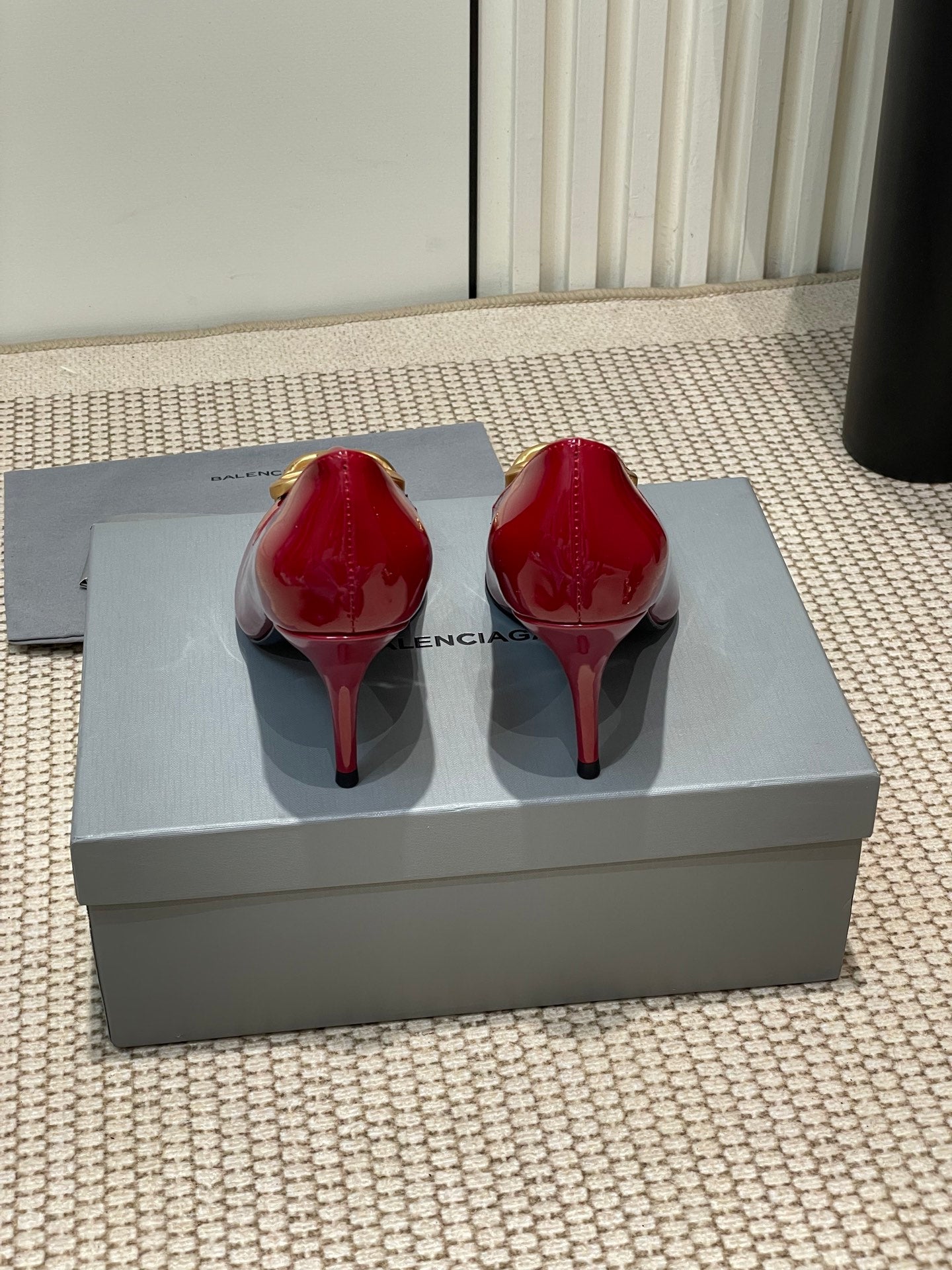 Balanciaga POINTED BB GOLD BUCKLE HIGH PUMPS 80MM IN RED PATENT CALFSKIN