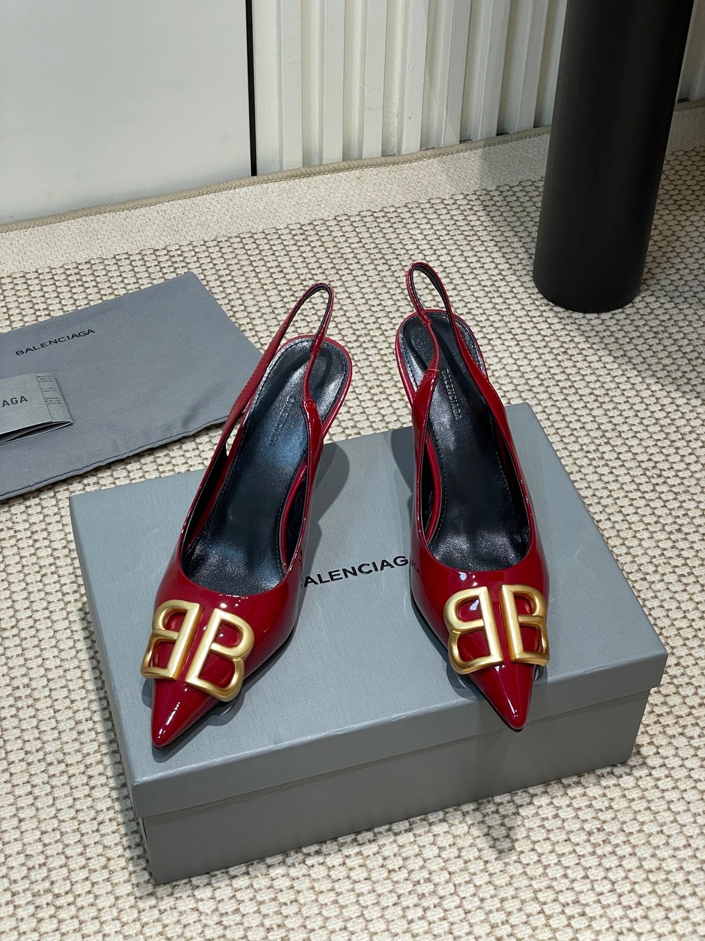 Balanciaga POINTED BB GOLD BUCKLE HIGH SLINGBACK 80MM IN RED PATENT CALFSKIN