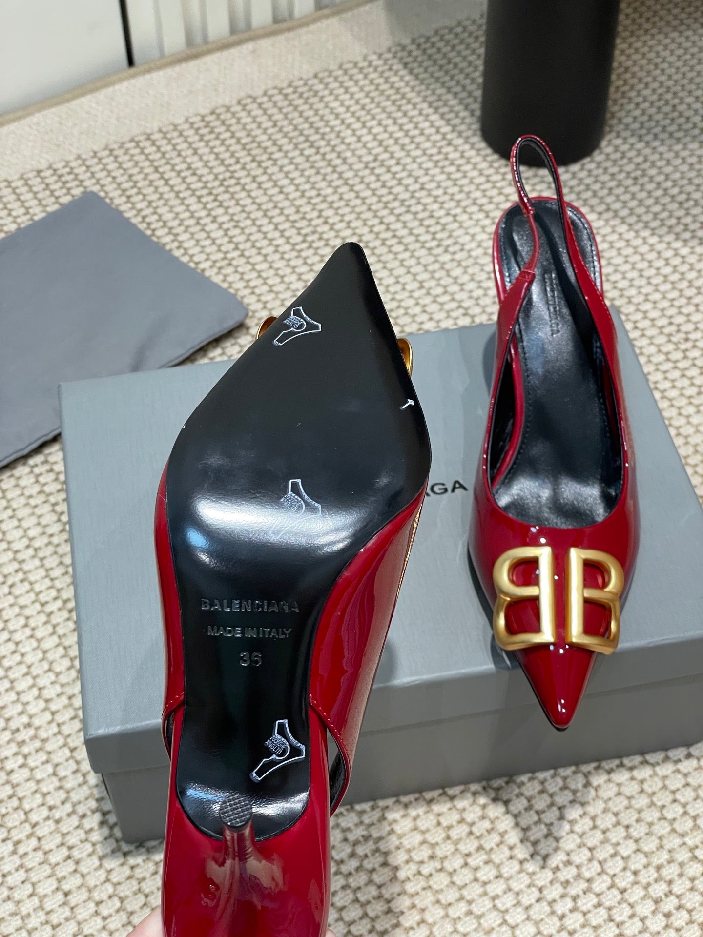 Balanciaga POINTED BB GOLD BUCKLE HIGH SLINGBACK 80MM IN RED PATENT CALFSKIN