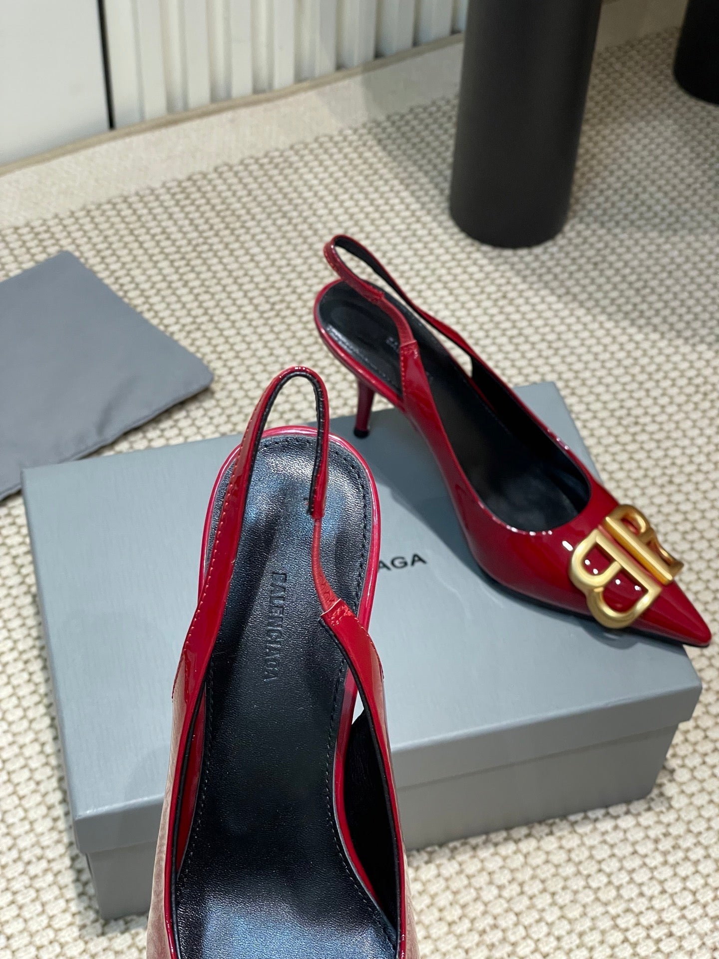 Balanciaga POINTED BB GOLD BUCKLE HIGH SLINGBACK 80MM IN RED PATENT CALFSKIN