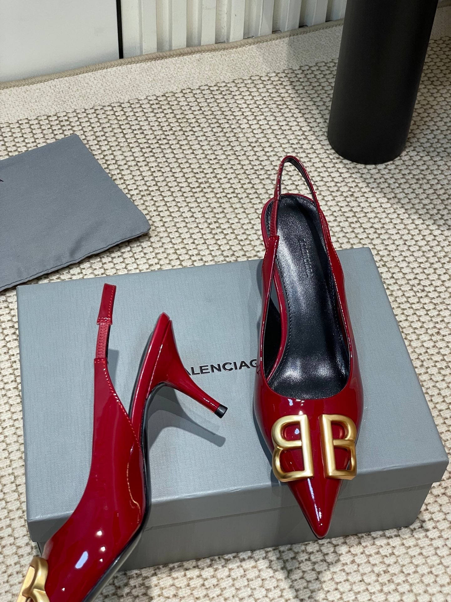 Balanciaga POINTED BB GOLD BUCKLE HIGH SLINGBACK 60MM IN RED PATENT CALFSKIN