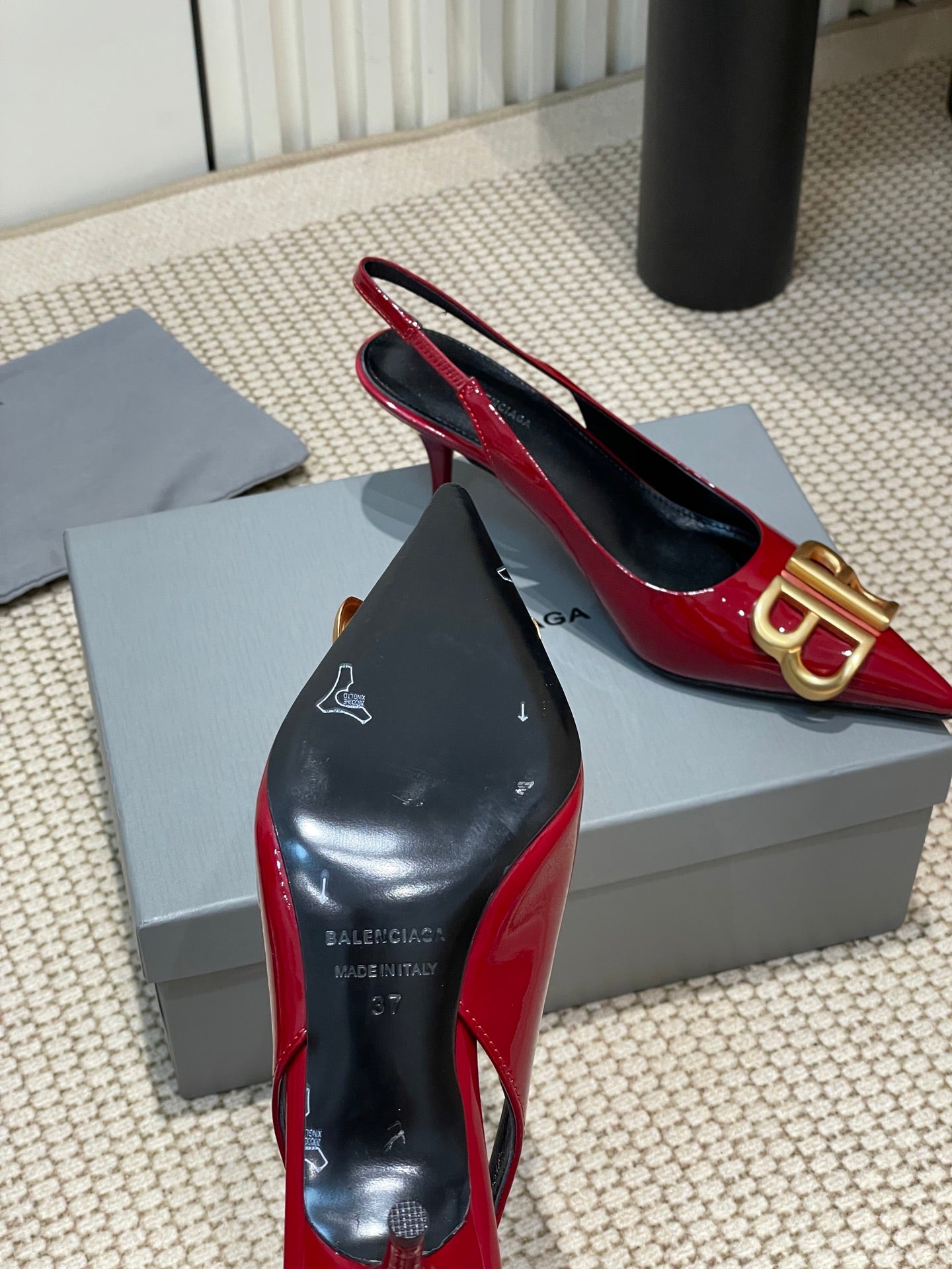 Balanciaga POINTED BB GOLD BUCKLE HIGH SLINGBACK 60MM IN RED PATENT CALFSKIN
