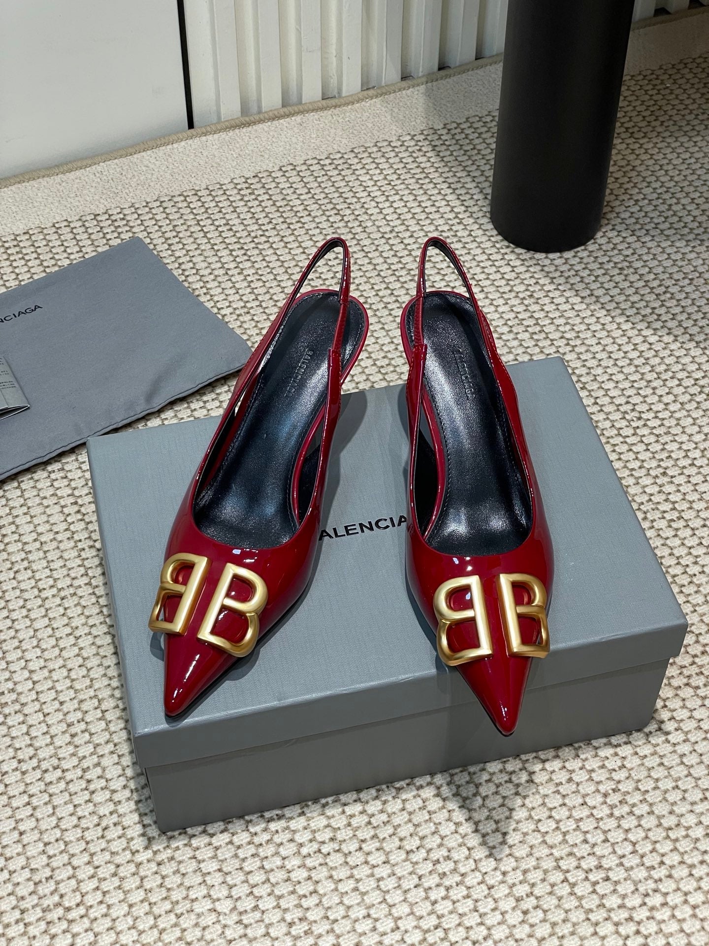 Balanciaga POINTED BB GOLD BUCKLE HIGH SLINGBACK 60MM IN RED PATENT CALFSKIN
