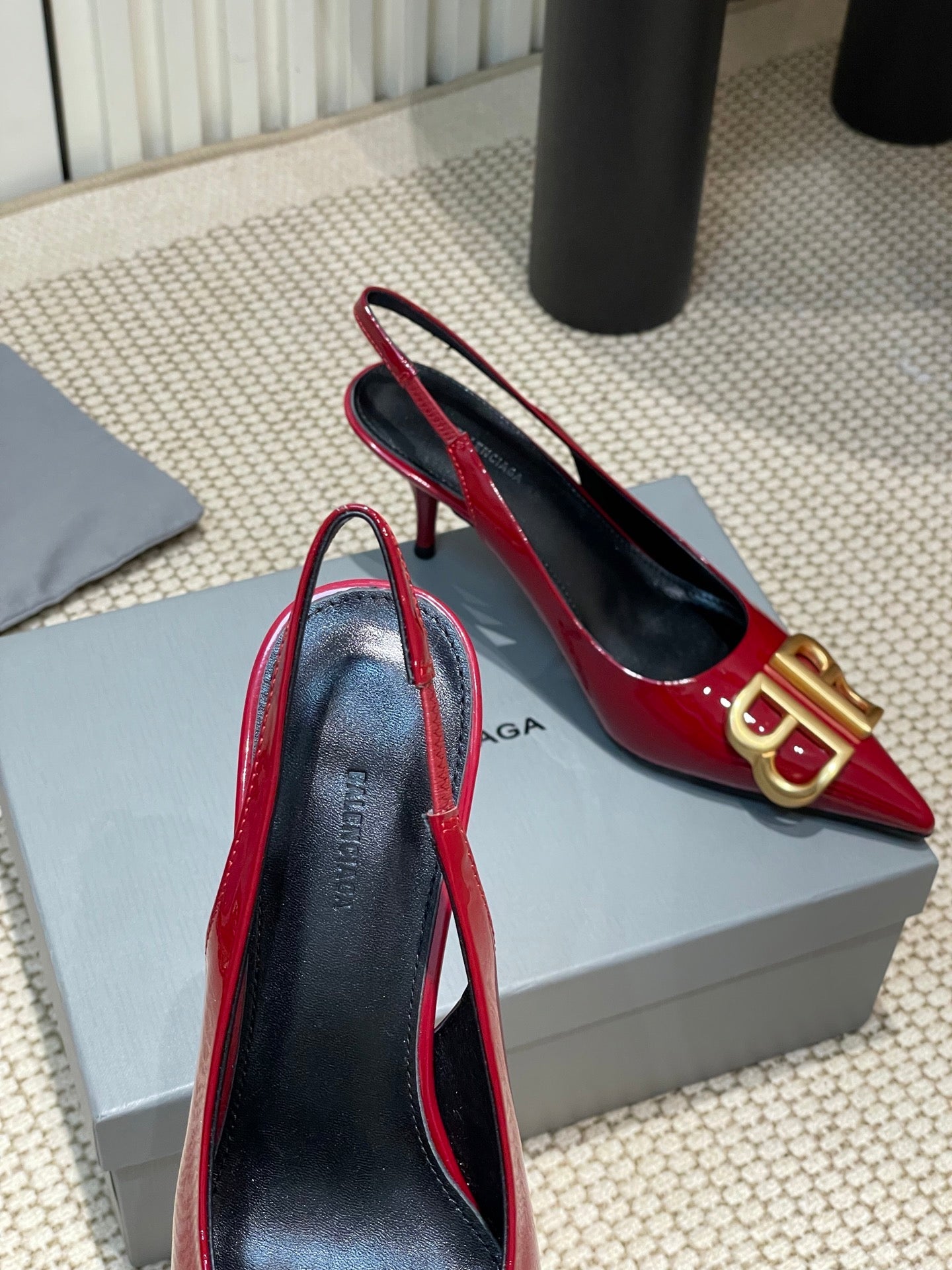 Balanciaga POINTED BB GOLD BUCKLE HIGH SLINGBACK 60MM IN RED PATENT CALFSKIN