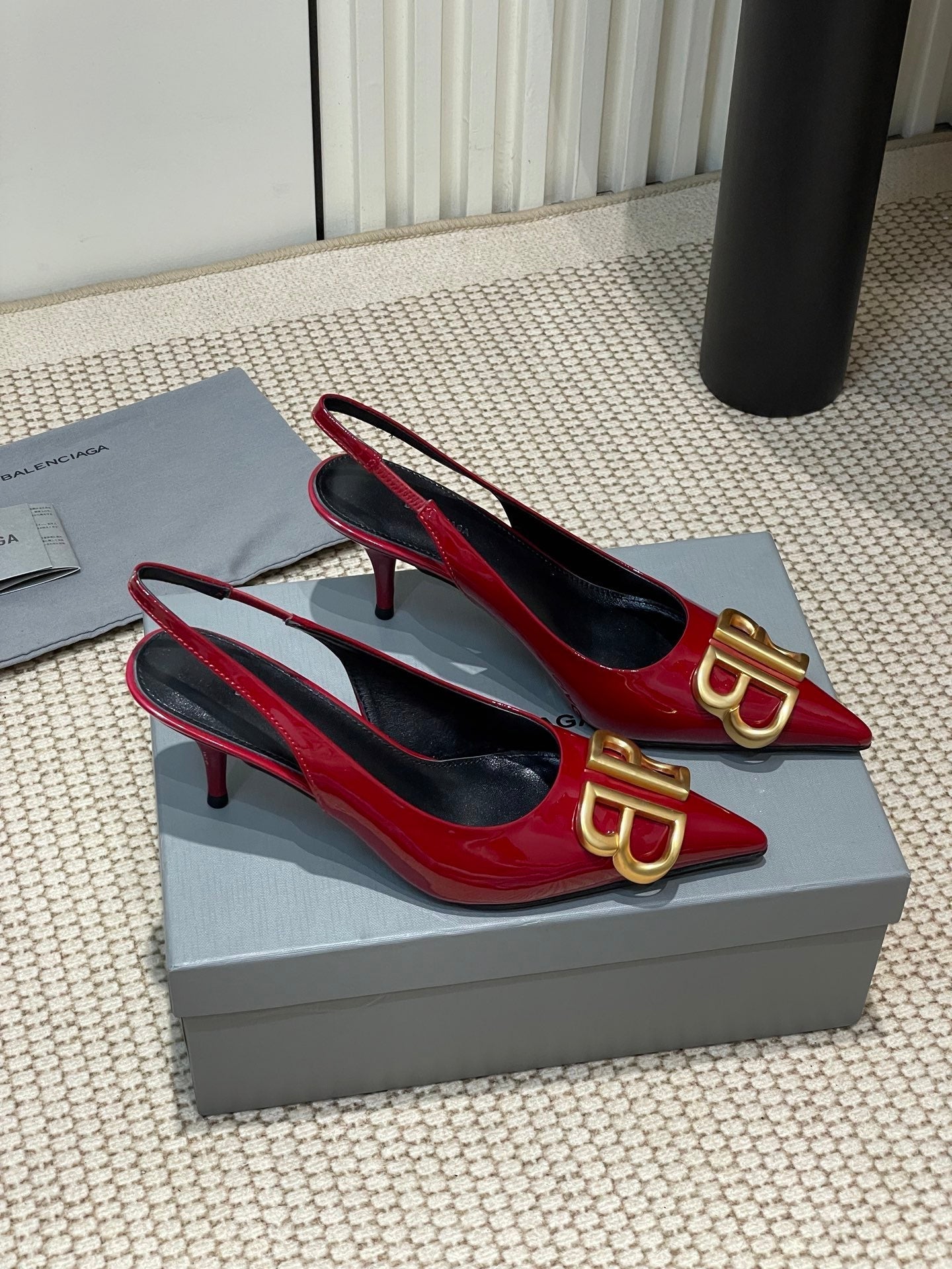 Balanciaga POINTED BB GOLD BUCKLE HIGH SLINGBACK 60MM IN RED PATENT CALFSKIN