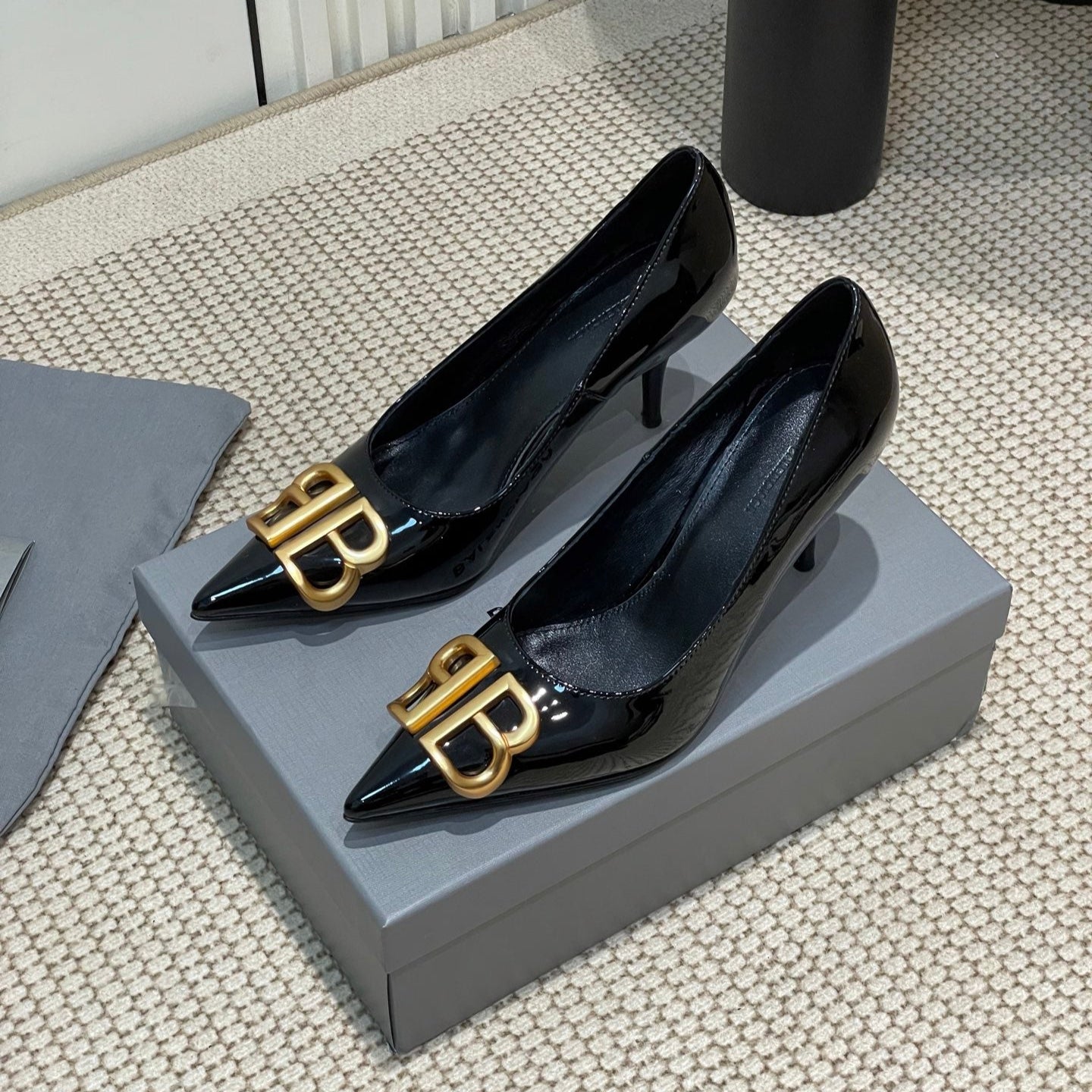Balanciaga POINTED BB GOLD BUCKLE HIGH PUMPS 80MM IN BLACK PATENT CALFSKIN