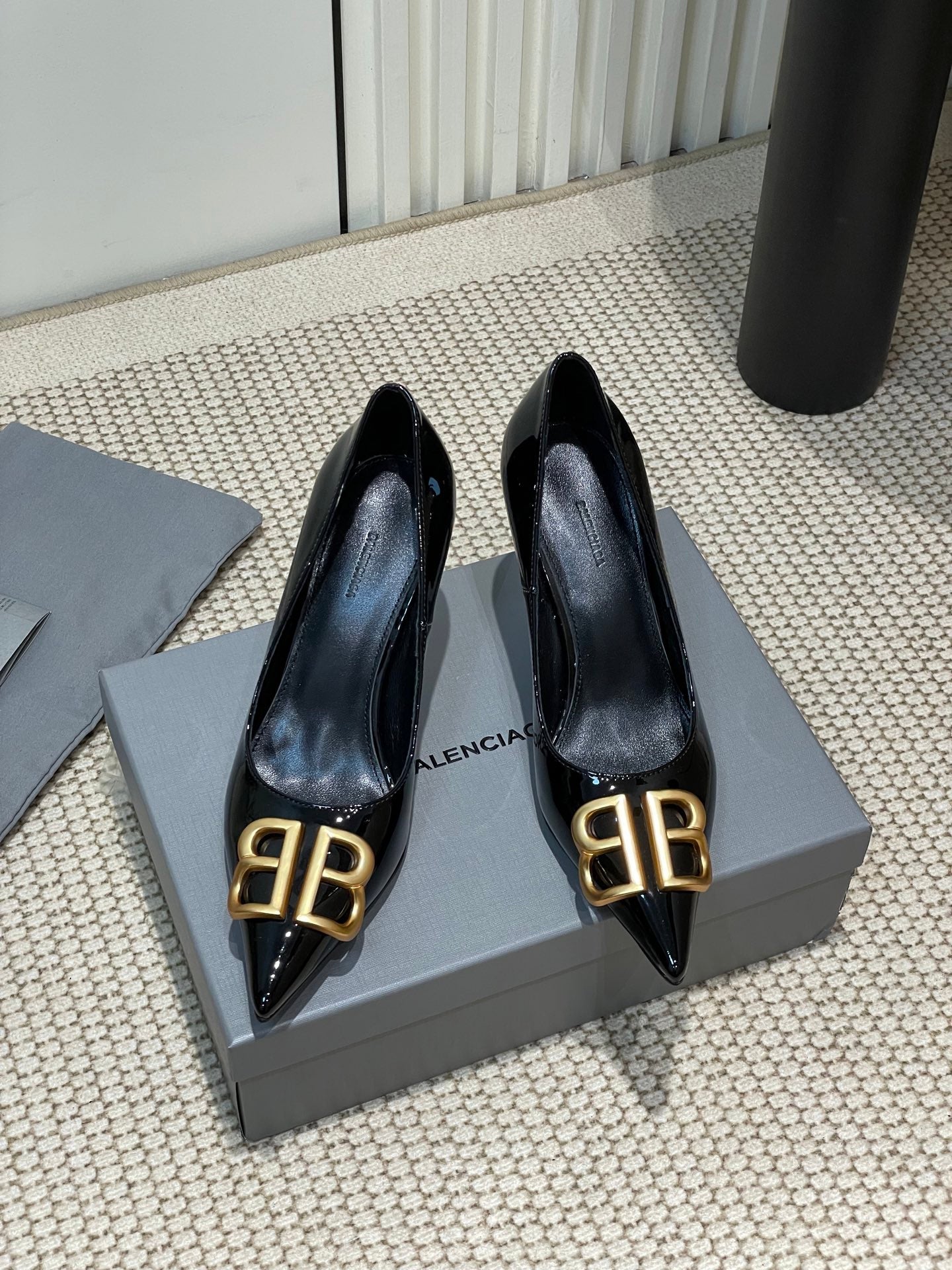 Balanciaga POINTED BB GOLD BUCKLE HIGH PUMPS 80MM IN BLACK PATENT CALFSKIN